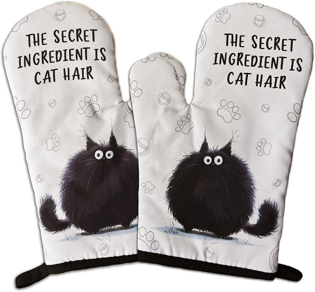 2 Pcs Funny Black Cat Oven Mitts The Secret Ingredient is Cat Hair Heat Resistant Baking Mittens Silicone Non-Slip Oven Mitts Pet Lover Gift Housewarming Gift for Women Hostess Friend Baker