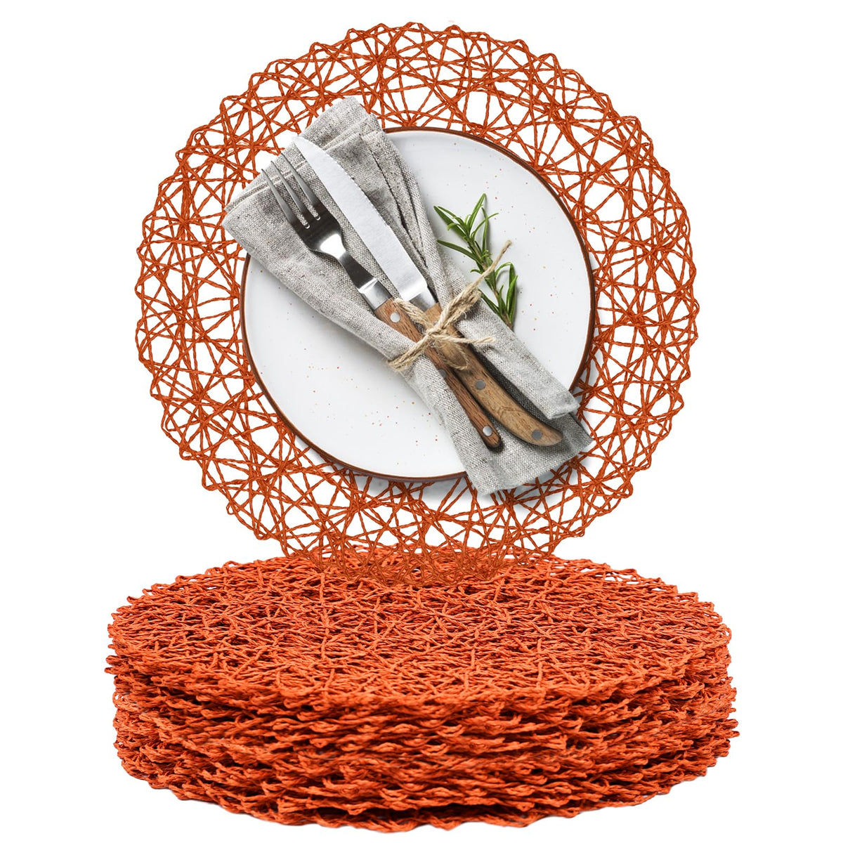 AHHFSMEI Paper Braided Round Placemats Set of 8 Natural Non-Slip Heat Resistant Table Mats for Dining Tables Woven Indoor & Outdoor Place mats(Coffee,8)