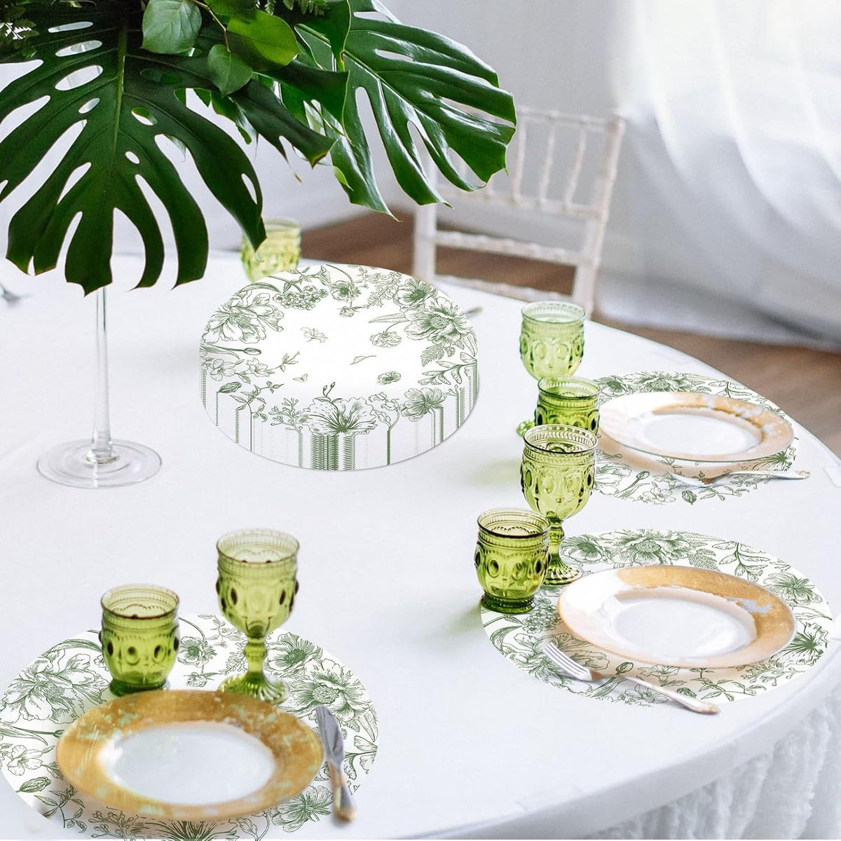 50 Pack Paper Placemats Disposable Green Floral Placemats 13.7 Inch Vintage Sage Green Flower Place Mats Chinoiserie Round Table Mats for Dinner Table Setting Birthday Wedding Party Supplies
