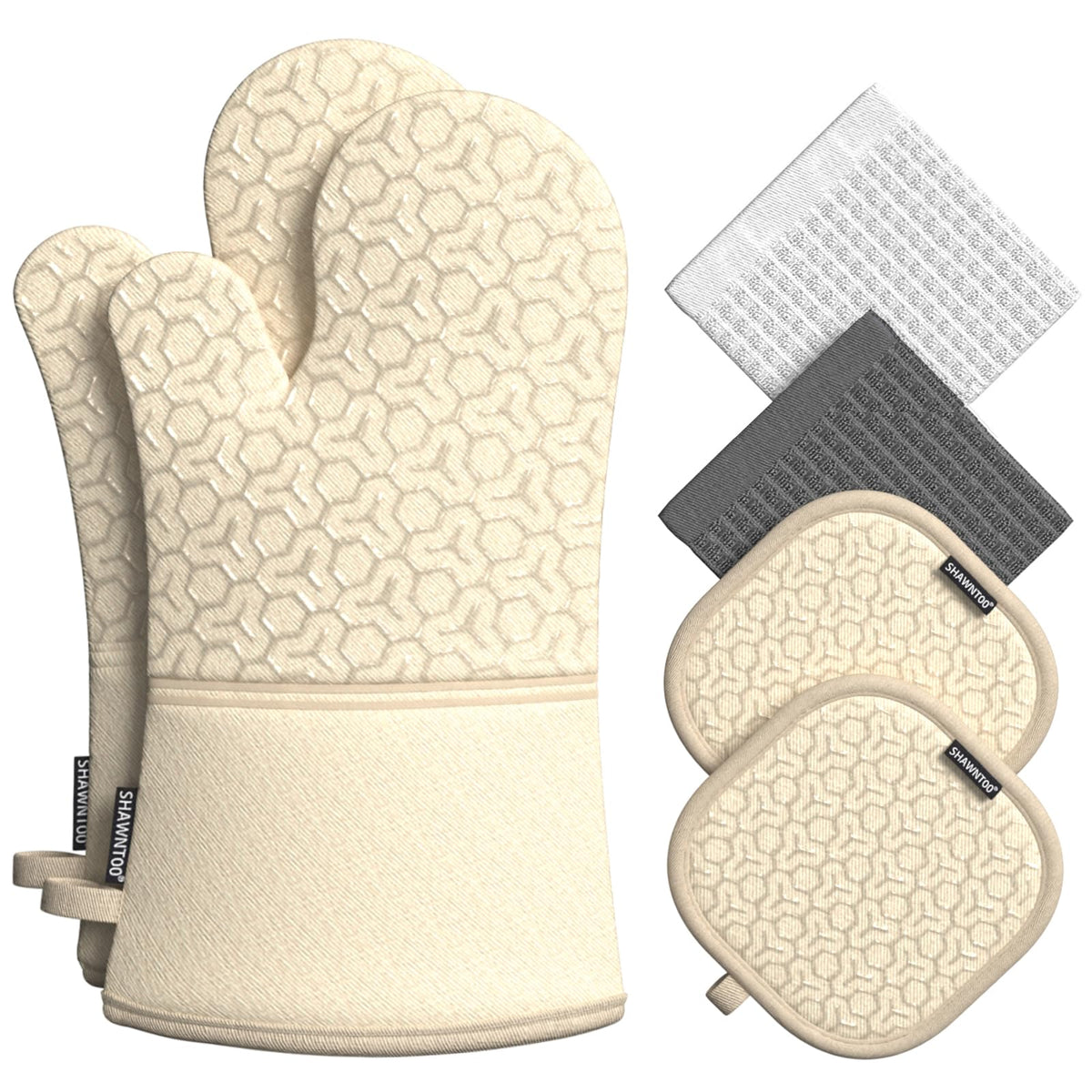 Oven Mitts and Pot Holders Sets 6pcs, Kitchen Oven Glove,High Heat Resistant 550 Degree Extra Long Oven Mitts and Potholders with Non-Slip Silicone Surface for Home Essentials (Grey) (Gray)