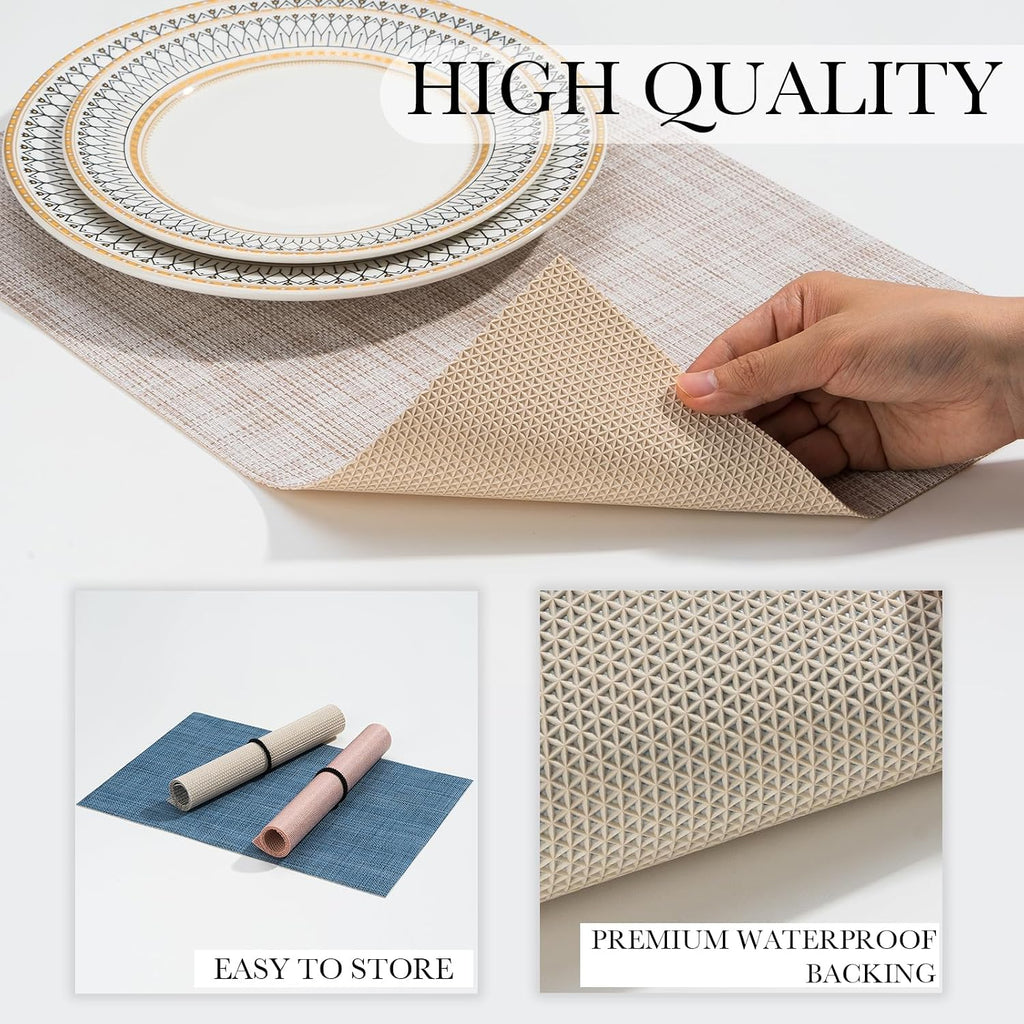 BACKTOEDEN Leakproof Placemats Set of 6, 2-Layer Waterproof placemat for No More Stains, Heat-Resistant Easy Clean Vinyl Table Place Mats for Kitchen Dining Indoor Outdoor, Beige
