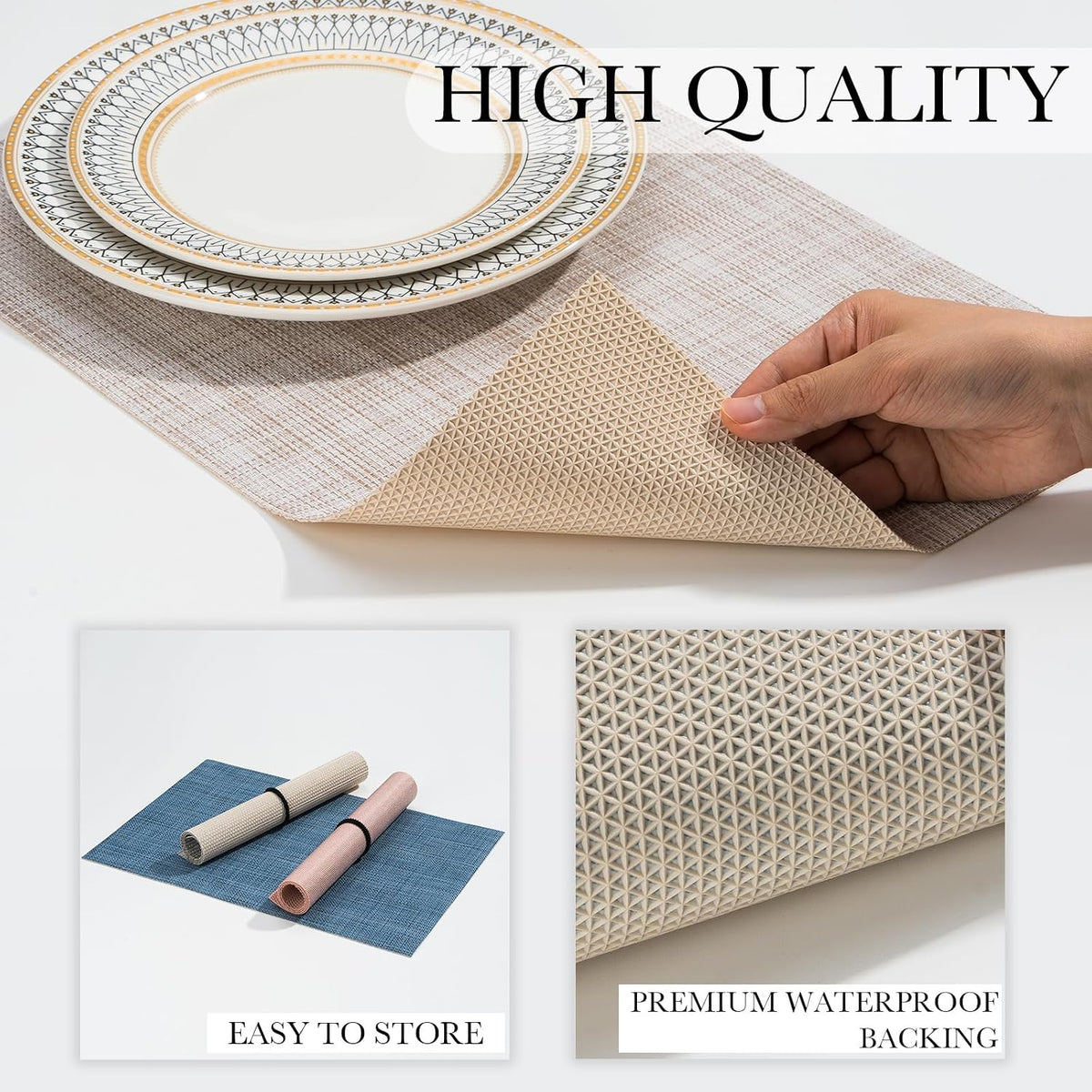 BACKTOEDEN Leakproof Placemats Set of 6, 2-Layer Waterproof placemat for No More Stains, Heat-Resistant Easy Clean Vinyl Table Place Mats for Kitchen Dining Indoor Outdoor, Beige