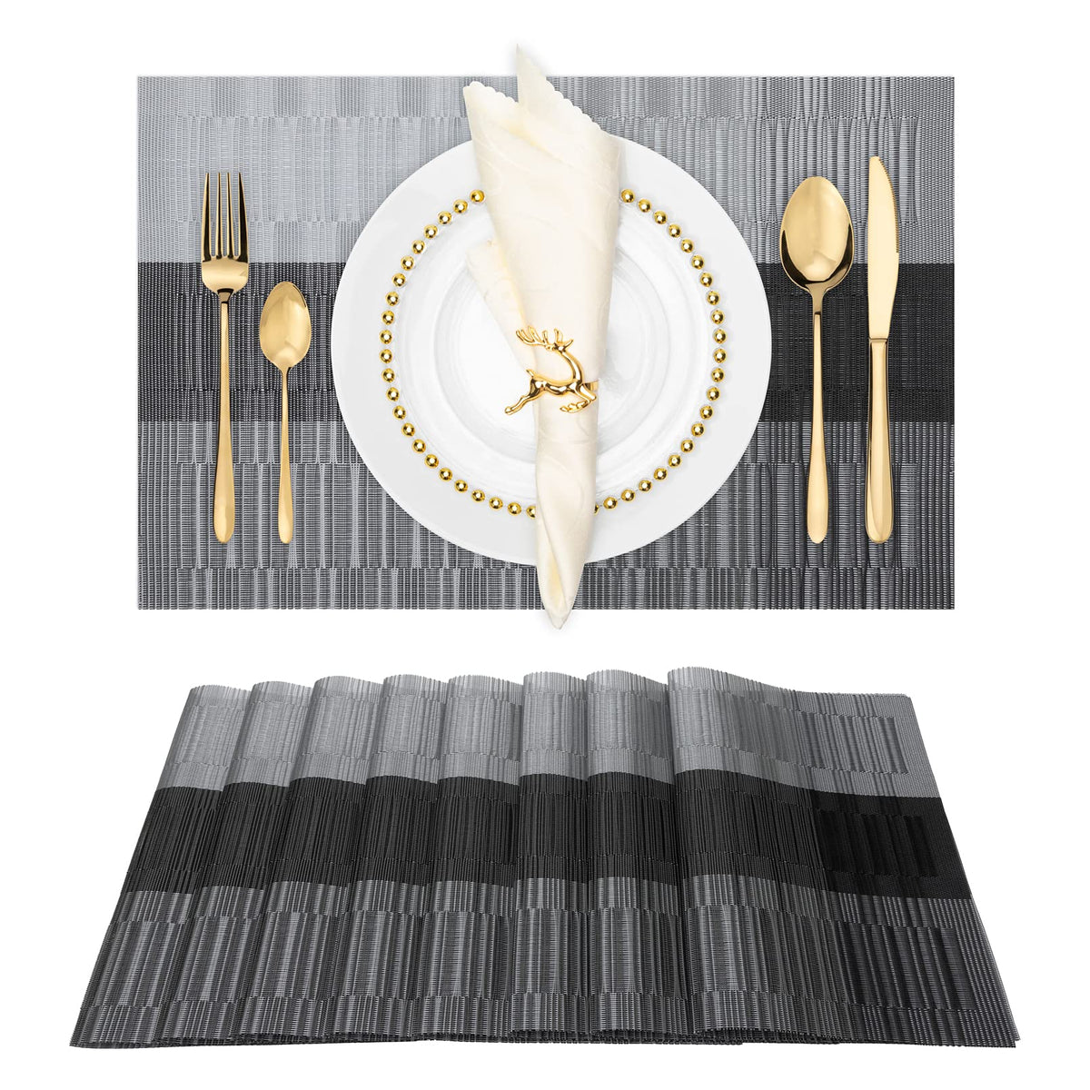Winknowl Placemats Set of 8, Heat Resistant Non-Slip Vinyl Woven Table Mats for Dining Table, Washable Durable Elegant Place Mats for Kitchen Indoor/Outdoor Use (Beige Blue)