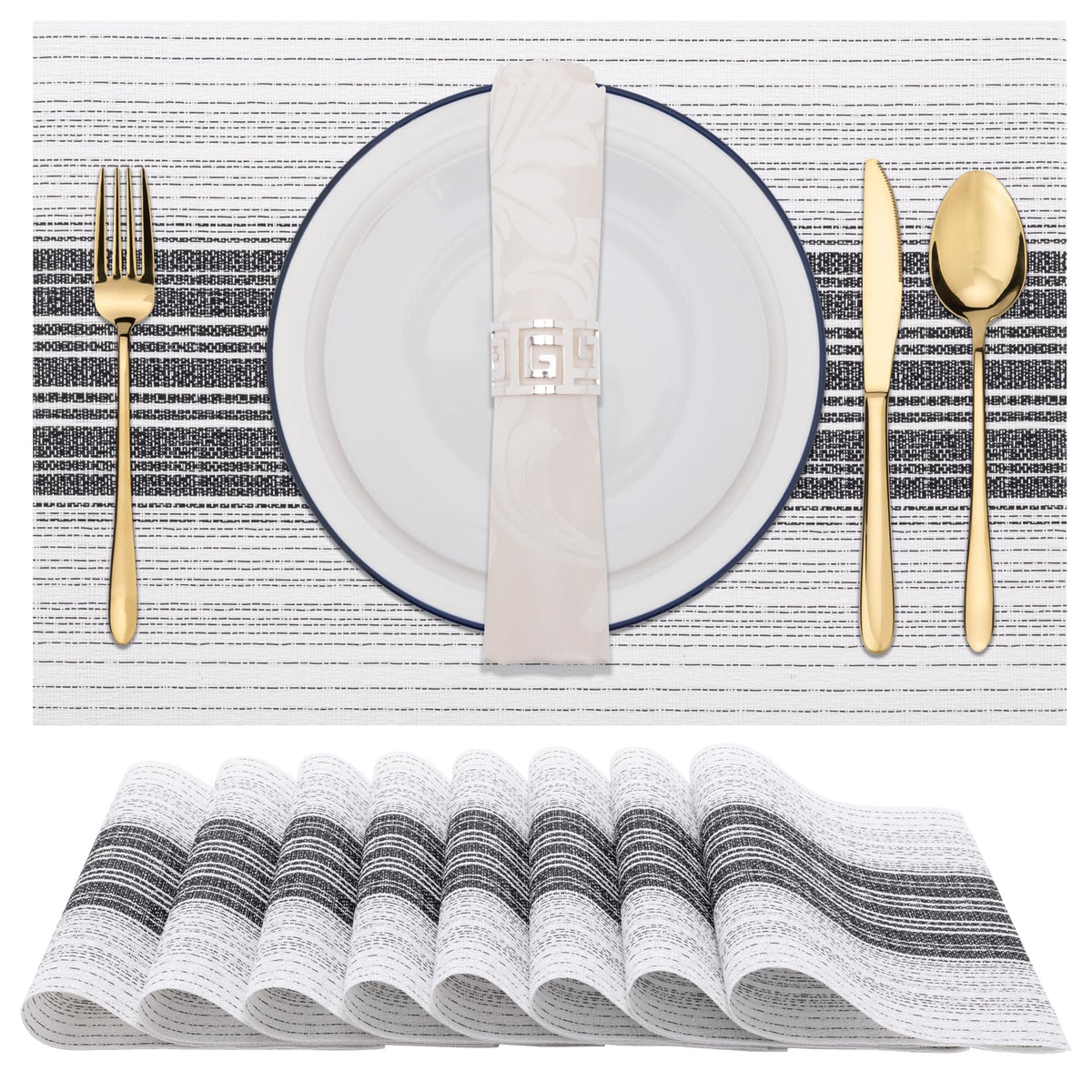 Winknowl Placemats Set of 8, Heat Resistant Non-Slip Vinyl Woven Table Mats for Dining Table, Washable Durable Elegant Place Mats for Kitchen Indoor/Outdoor Use (Beige Blue)