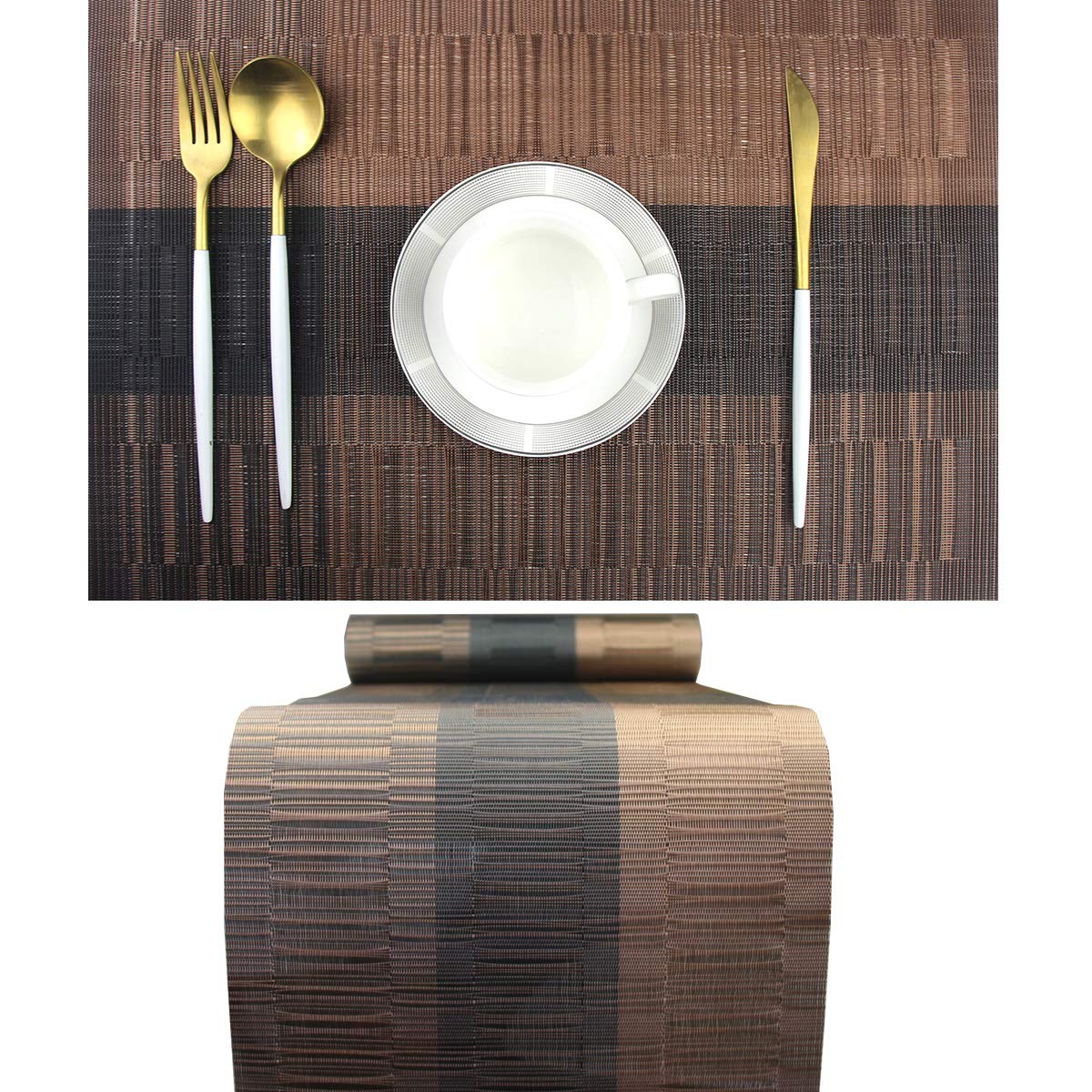 PIGCHCY Placemats,Washable Vinyl Woven Table Mats,Elegant Durable Placemats for Dining Table Set of 6 (Bamboo-Brown)
