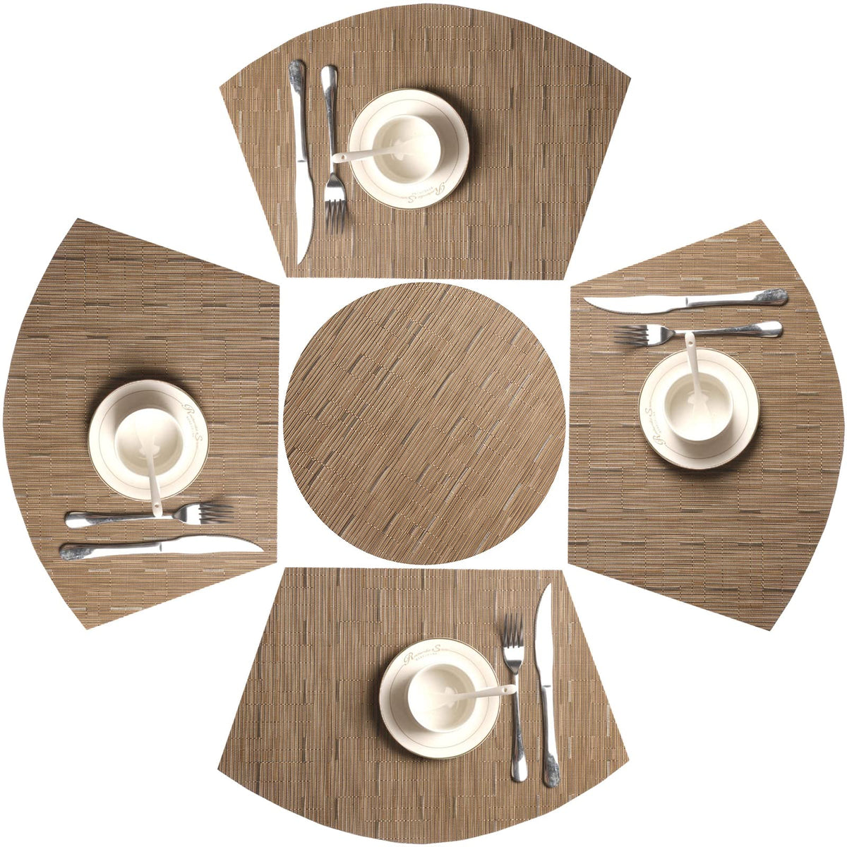 SHACOS Small Round Table Placemats Set of 5 Woven Vinyl Wedge Placemats with Centerpiece Round Table Mats Heat Resistant Wipe Clean (5, Black Gray)