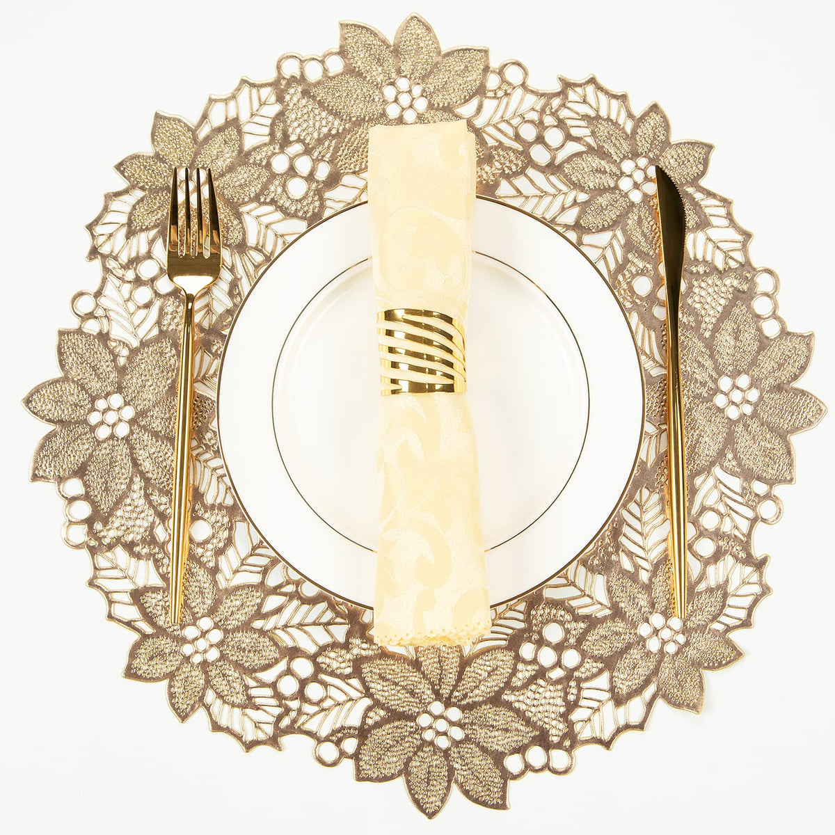 Gold Leaf Placemats Set of 8 Metallic Round Table Placemats