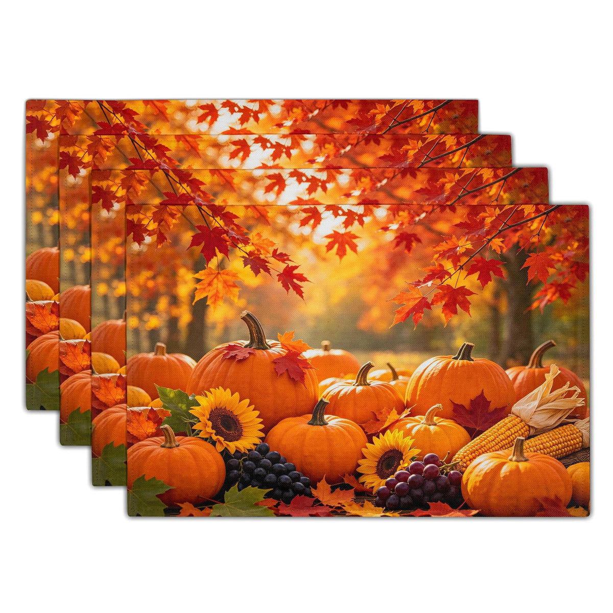 Fall Plaid Placemats Set of 4 Orange Navy Blue Buffalo Plaid Thanksgiving Themed Table Mats Farmhouse Place Mats Washable Linen Placemat for Party Kitchen Dining Decor 12x18 Inch