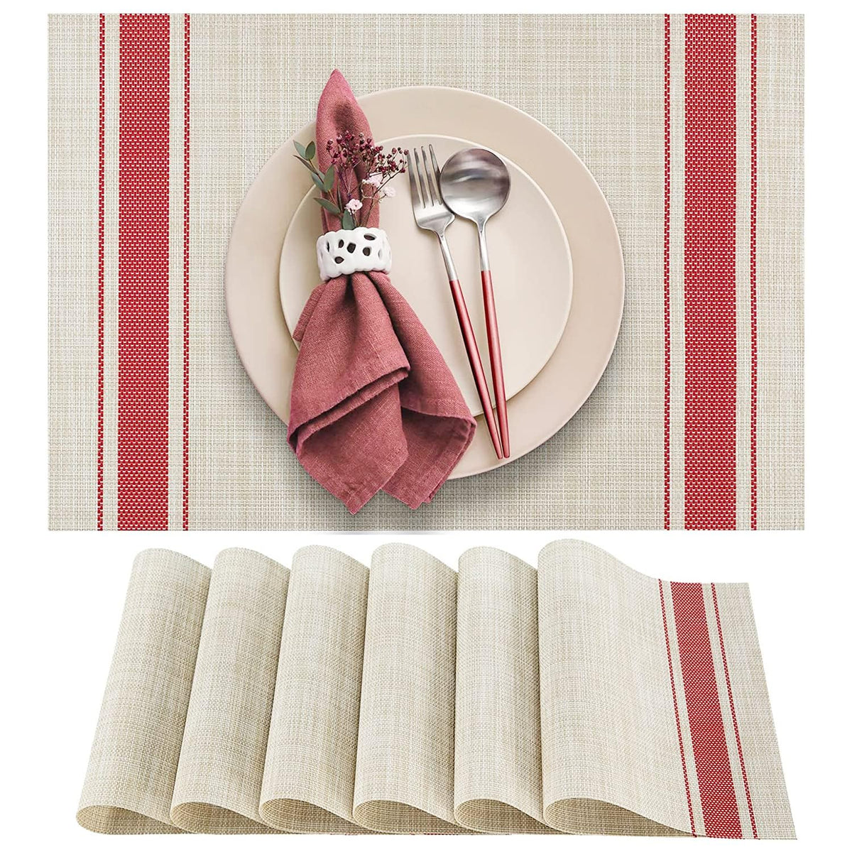 DACHUI Placemats Set of 6, Linen Look Woven Place Mats (Beige)