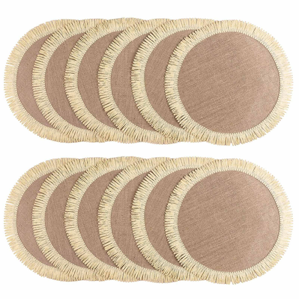 FunWheat Burlap Round Braided Placemats Set of 12 for Dining Tables 15 Inch Heat Resistant Jute Table Mats Farmhouse Woven Fabric Natural Place mats (Brown Jute Lace)