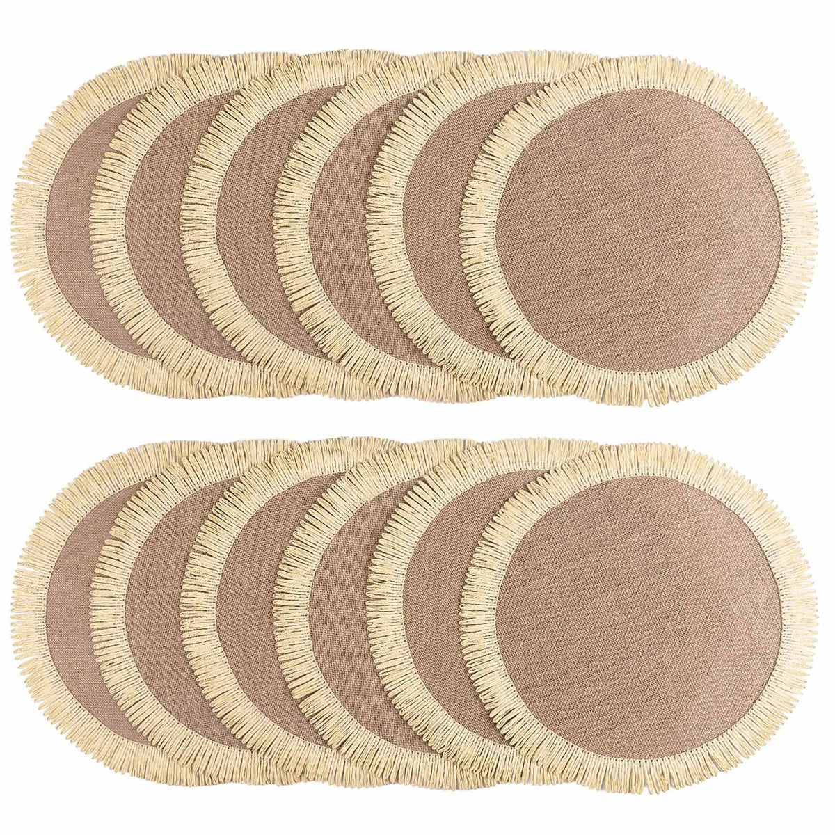 FunWheat Burlap Round Braided Placemats Set of 12 for Dining Tables 15 Inch Heat Resistant Jute Table Mats Farmhouse Woven Fabric Natural Place mats (Brown Jute Lace)