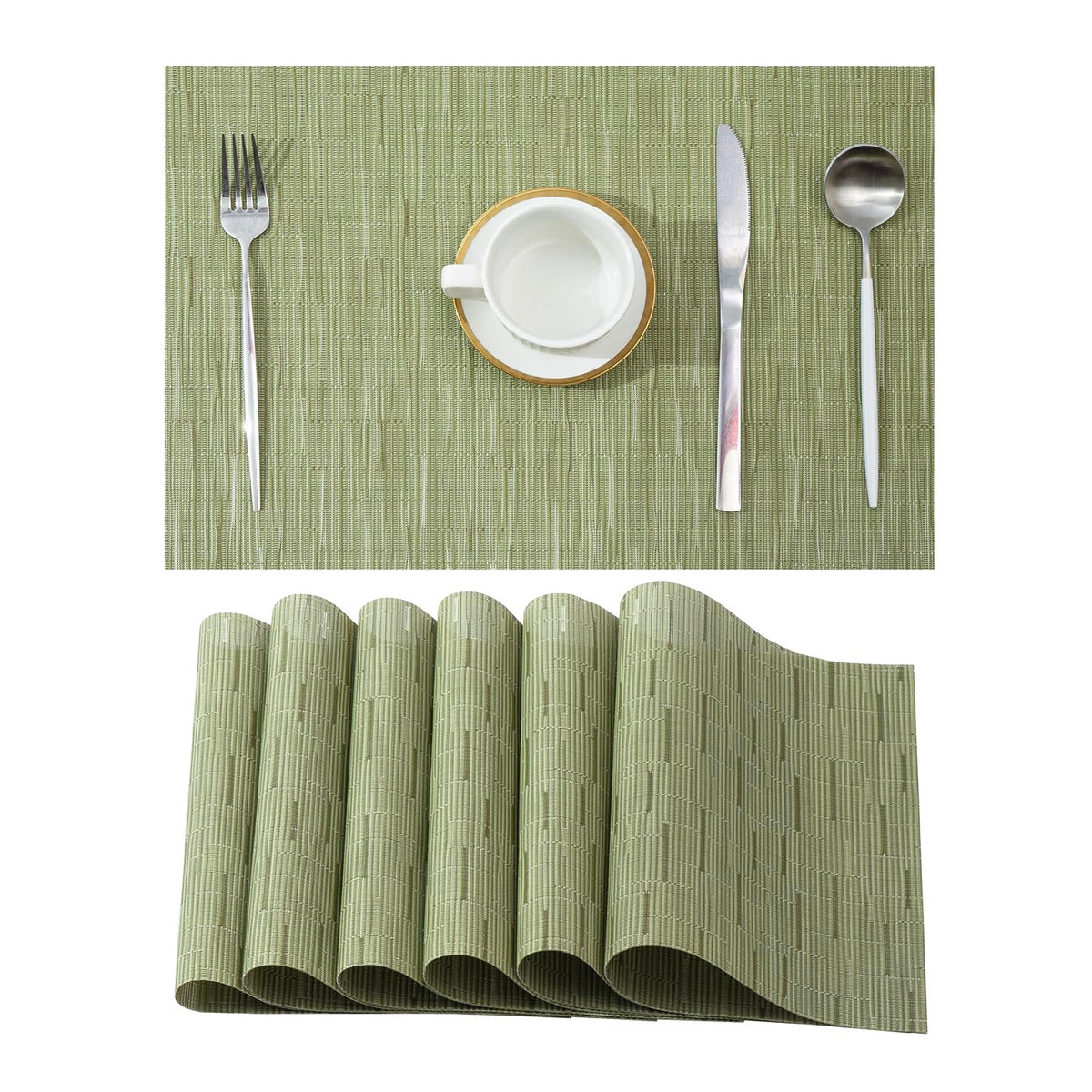 Beige Placemats Set of 6 - Heat-Resistant, Non-Slip Table Mats, Washable Woven Vinyl for Indoor & Outdoor Dining