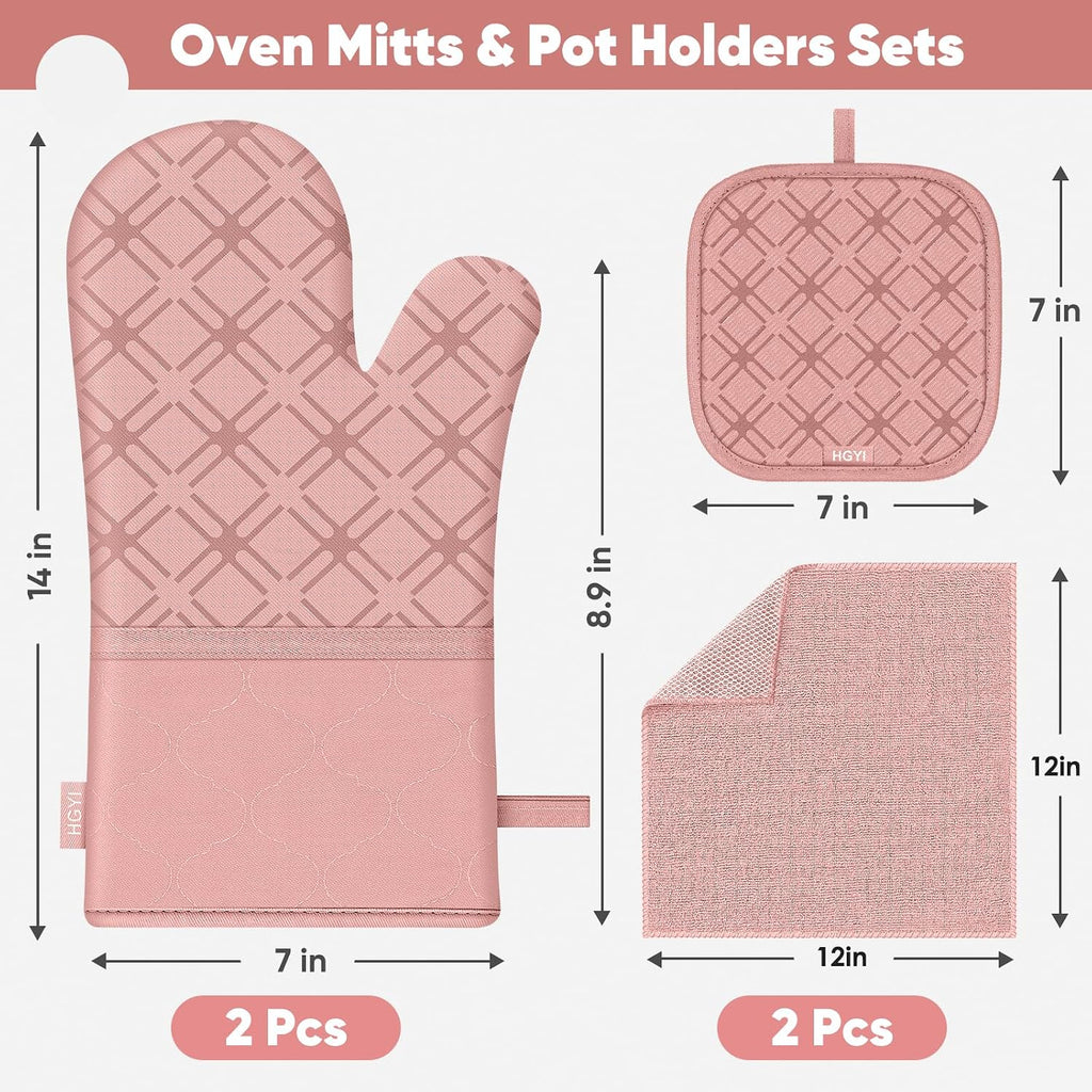 Oven Mitts and Pot Holders Set with Dishcloths, 500 Degree Heat Resistant Oven Gloves and Hot Pads, Premium Soft Cotton Kitchen Mittens and Dish Cloth Sets-Pink