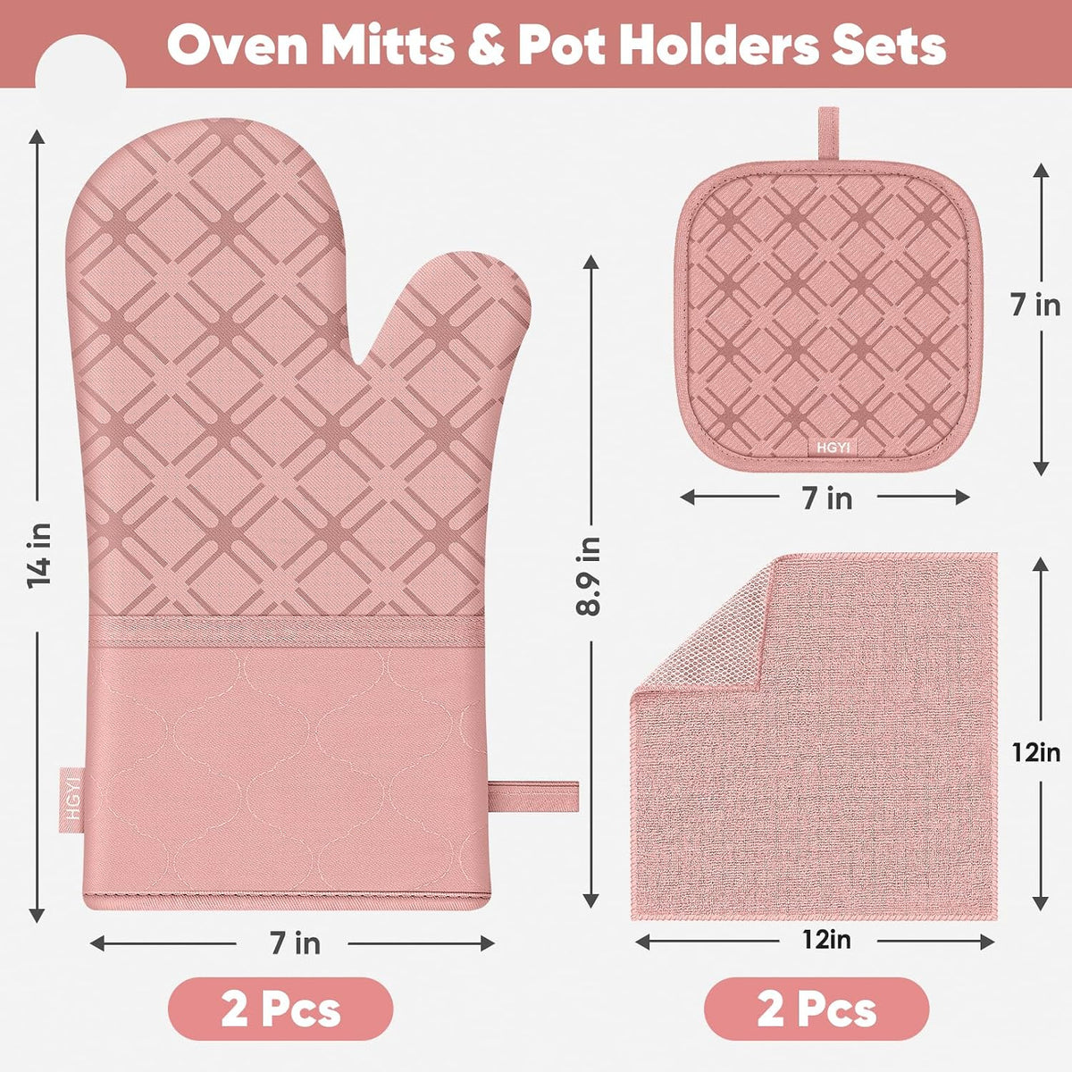 Oven Mitts and Pot Holders Set with Dishcloths, 500 Degree Heat Resistant Oven Gloves and Hot Pads, Premium Soft Cotton Kitchen Mittens and Dish Cloth Sets-Pink