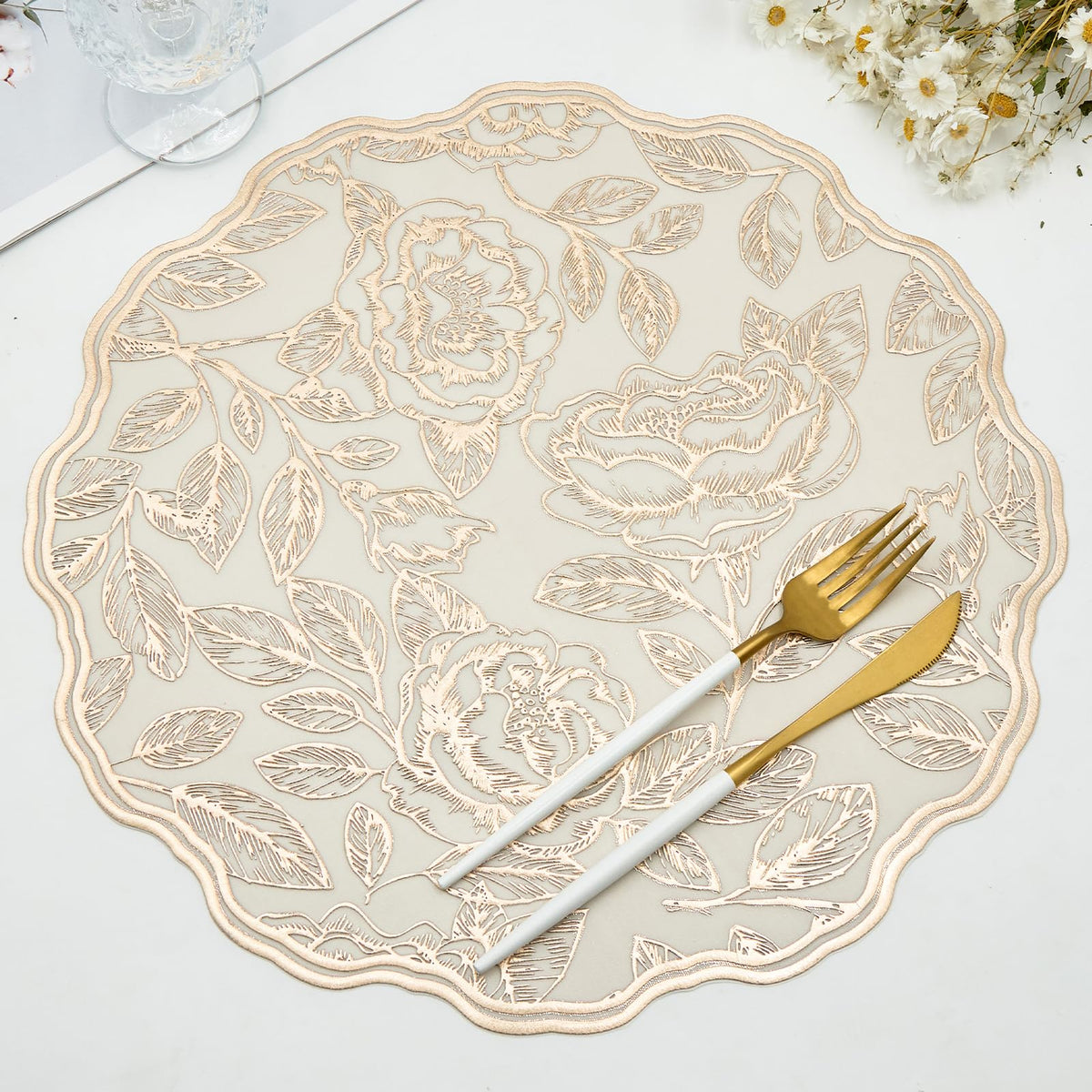 Gold Placemats Set of 6, Creative 3D Flower Placemats Waterproof Oil-Proof