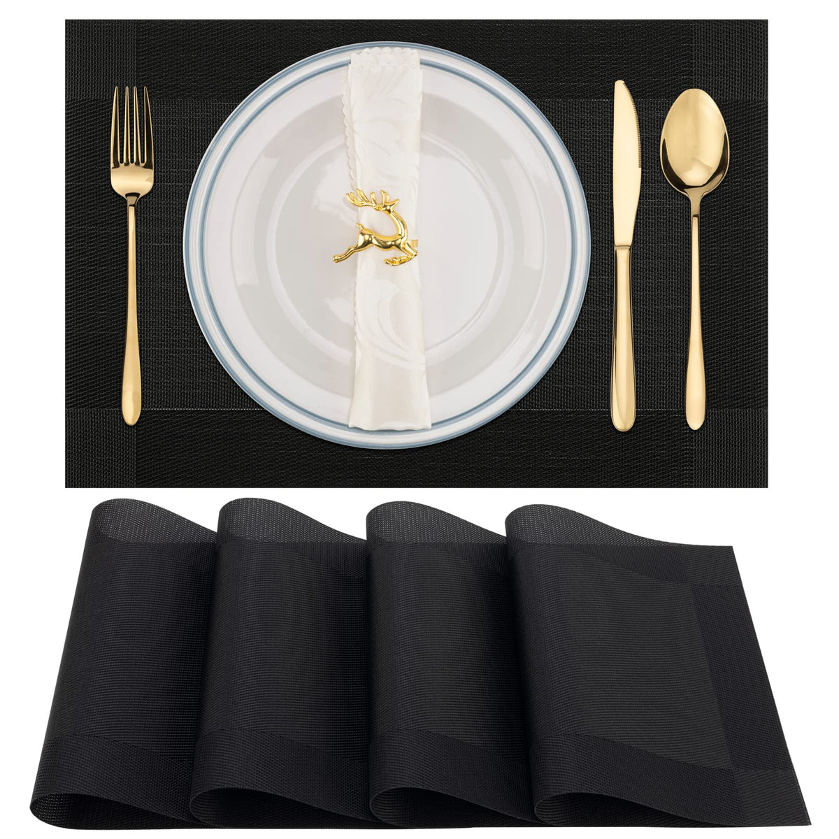 Winknowl Placemats Set of 8, Heat Resistant Non-Slip Vinyl Woven Table Mats for Dining Table, Washable Durable Elegant Place Mats for Kitchen Indoor/Outdoor Use (Beige Blue)