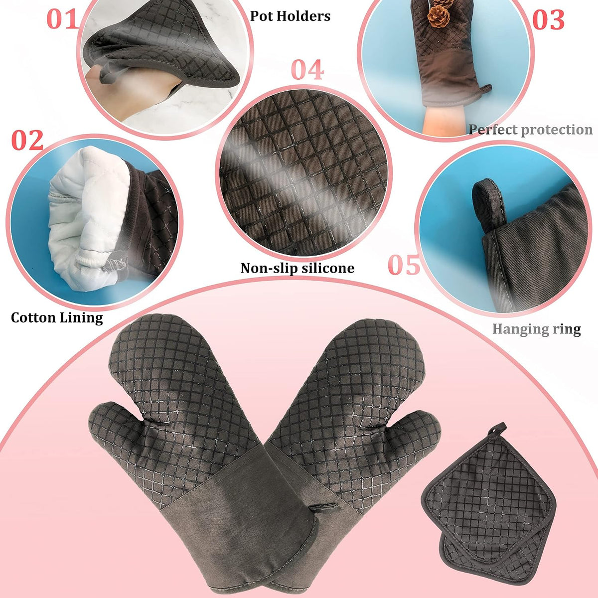 4 Pcs Oven Mitts and Pot Holders,500°F High Heat Resistant Kitchen Oven Mitts with Pot Holders,Long Oven Mitts with Recycled Cotton Infill and Silicone Non-Slip Surface for Baking and Cooking(Grey)