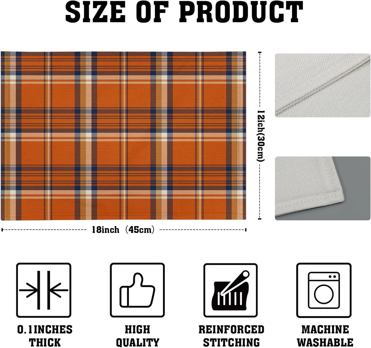 Fall Plaid Placemats Set of 4 Orange Navy Blue Buffalo Plaid Thanksgiving Themed Table Mats Farmhouse Place Mats Washable Linen Placemat for Party Kitchen Dining Decor 12x18 Inch