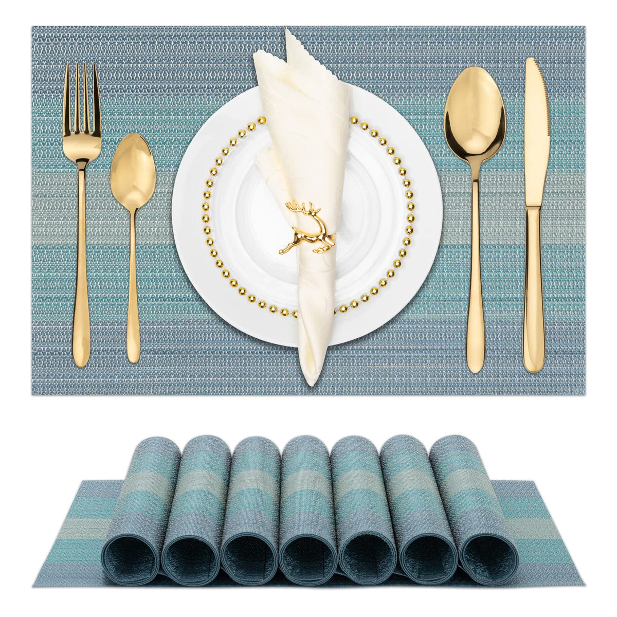 Winknowl Placemats Set of 8, Heat Resistant Non-Slip Vinyl Woven Table Mats for Dining Table, Washable Durable Elegant Place Mats for Kitchen Indoor/Outdoor Use (Beige Blue)