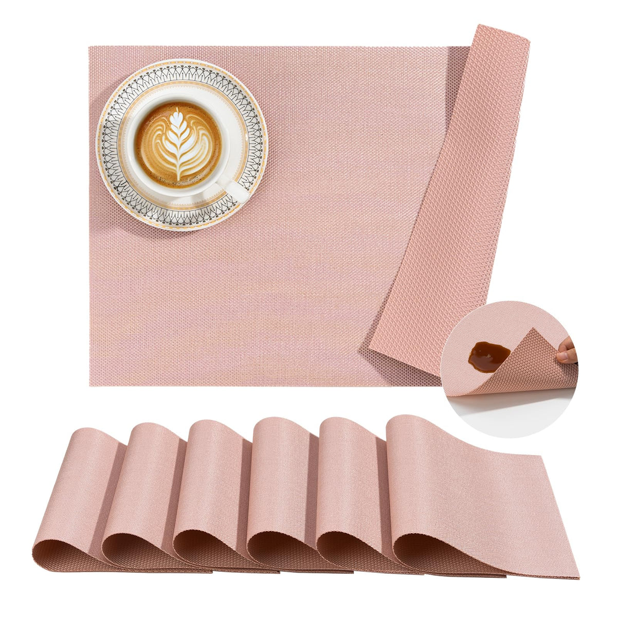 BACKTOEDEN Leakproof Placemats Set of 6, 2-Layer Waterproof placemat for No More Stains, Heat-Resistant Easy Clean Vinyl Table Place Mats for Kitchen Dining Indoor Outdoor, Beige