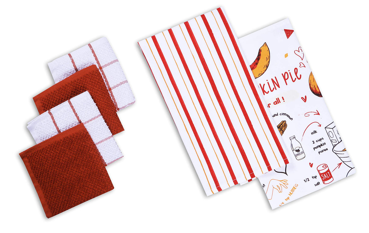 AMOUR INFINI Cotton Kitchen Towels and Dishcloths 6 Piece - 4 Terry Dishcloths (12” x 12”) and 2 Cotton Kitchen Towels (28” x 18”) for Gifting and Decor (Herbs Garden)