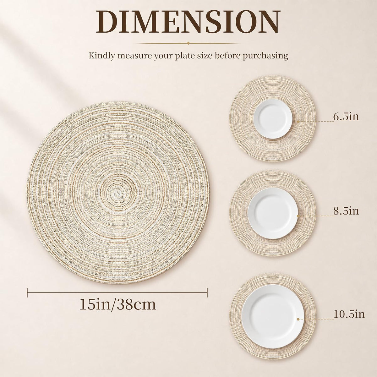 TaroKitc Round Placemats Set of 4, 15 inch, Beige, Cotton Polyester