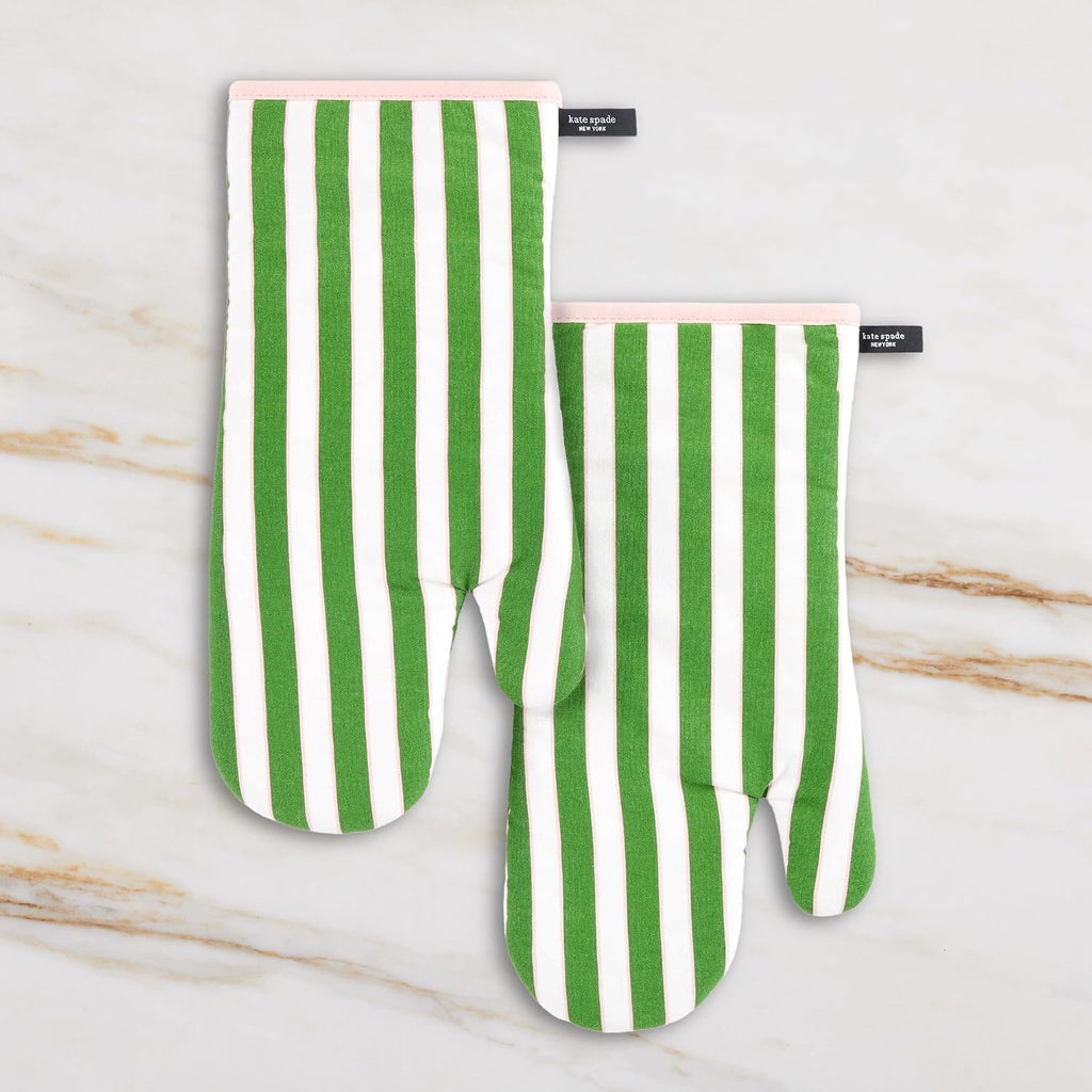 kate spade new york Botanical Stripe Oven Mitt 2-Pack Set, 7" x 13", Green/Pink