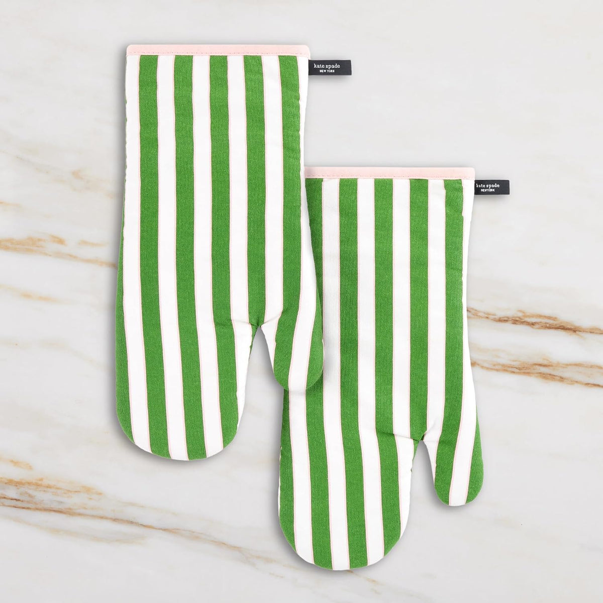 kate spade new york Botanical Stripe Oven Mitt 2-Pack Set, 7" x 13", Green/Pink