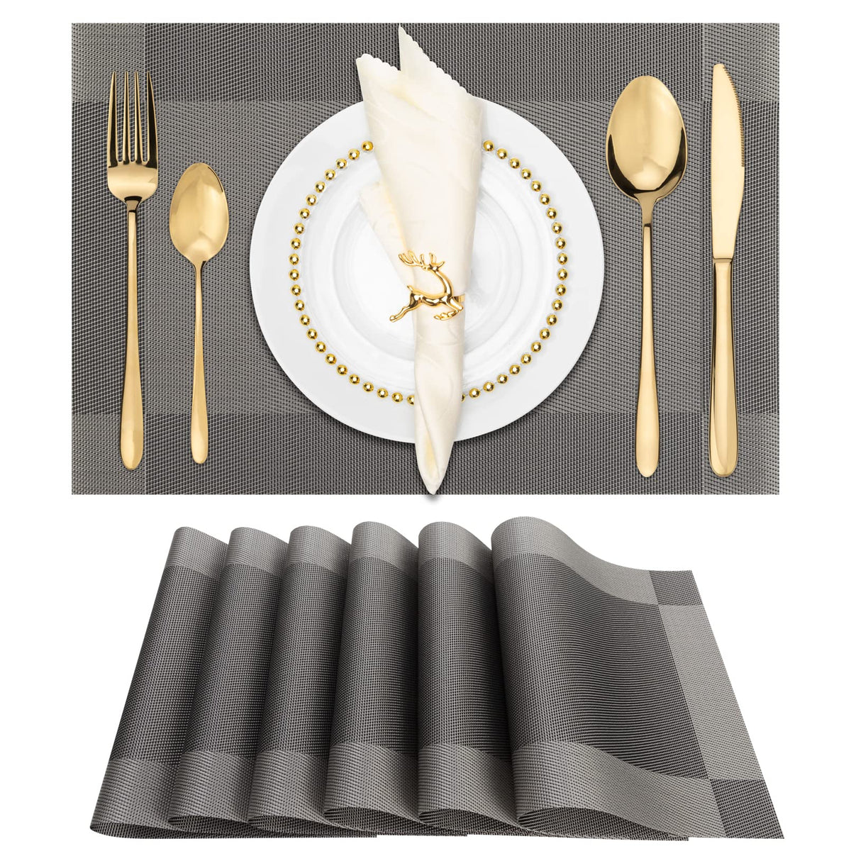 Winknowl Placemats Set of 8, Heat Resistant Non-Slip Vinyl Woven Table Mats for Dining Table, Washable Durable Elegant Place Mats for Kitchen Indoor/Outdoor Use (Beige Blue)