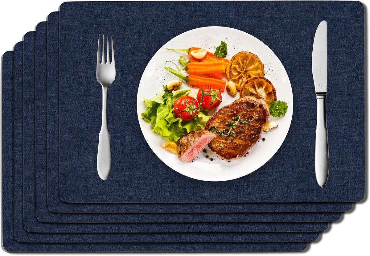 DOLOPL Placemats Set of 6, Reversible Faux Leather Place Mats, Navy Blue