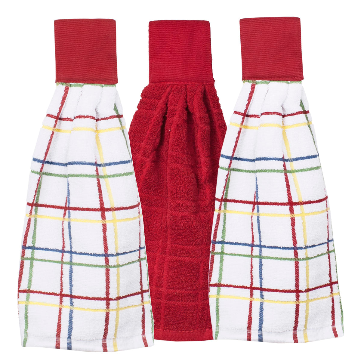 Ritz Premium 100% Cotton Solid and Multi Check Kitchen Tie Towel Absorbent, Super Soft, and Fast Drying Hang Towel, Set of Three, Federal Blue