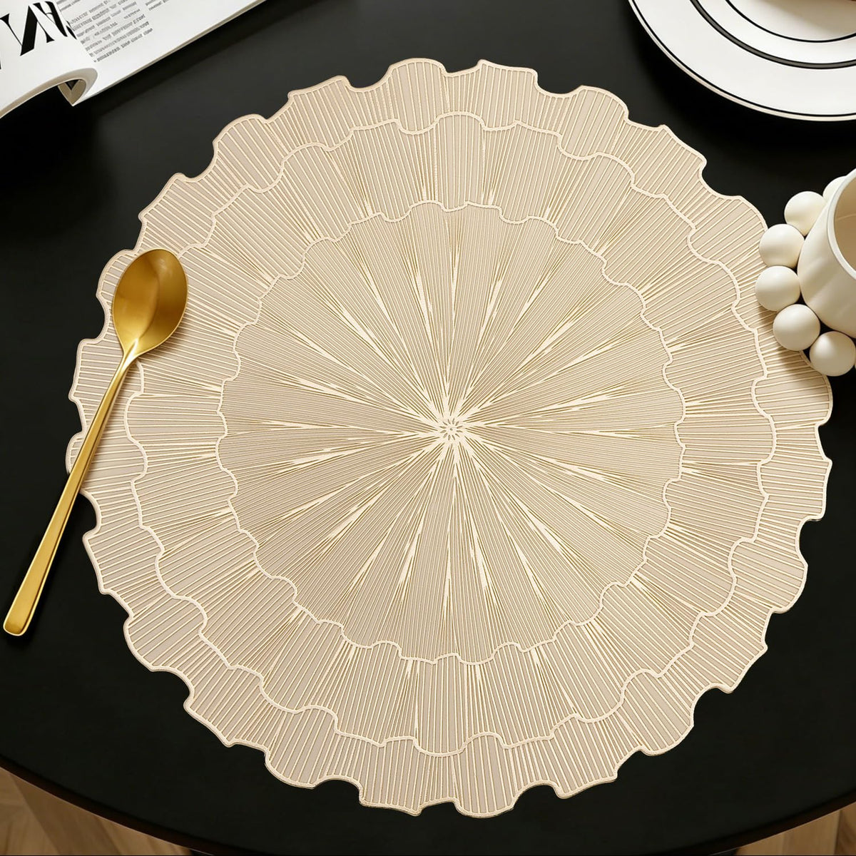 Quantum Love Camellia Gold Round Placemats Set of 6, 15 Inch PVC 3D Metallic Flower Table Mats, Wipeable Waterproof Non Slip Heat Resistant Placemats for Wedding Party Christmas Dining Table Decor