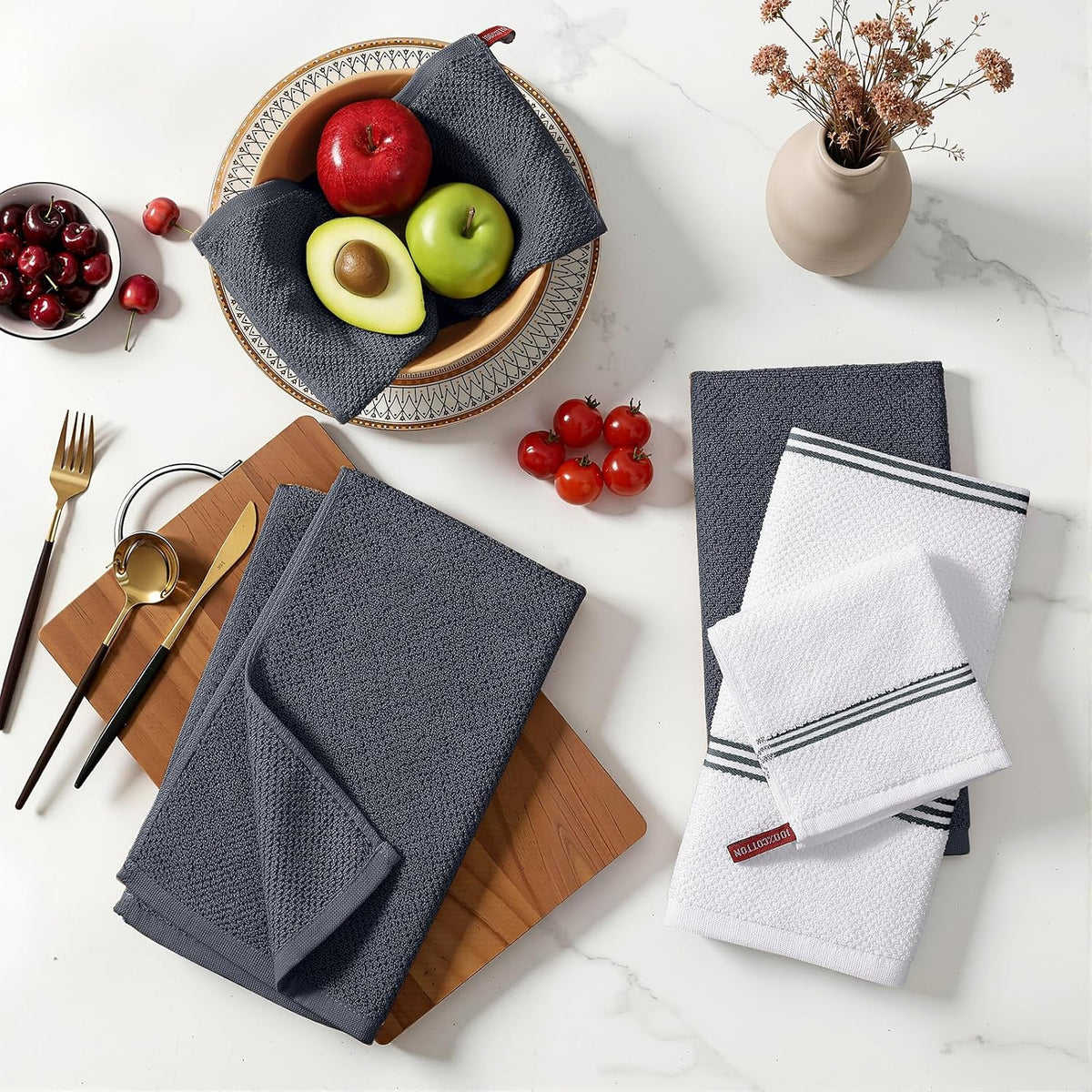 Homaxy Dual Design Kitchen Towels and Dishcloths Set, 8 Pack, Dark Grey