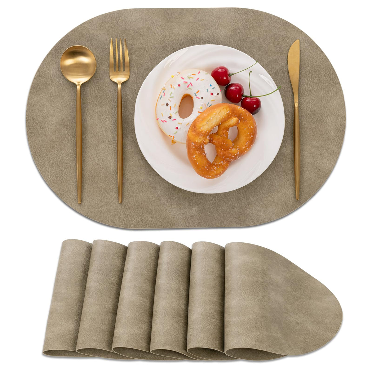 SHACOS Faux Leather Oval Placemats Set of 6 Heat Resistant, White Oak Beige