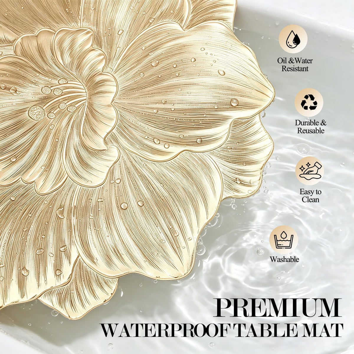 Quantum Love Camellia Gold Round Placemats Set of 6, 15 Inch PVC 3D Metallic Flower Table Mats, Wipeable Waterproof Non Slip Heat Resistant Placemats for Wedding Party Christmas Dining Table Decor