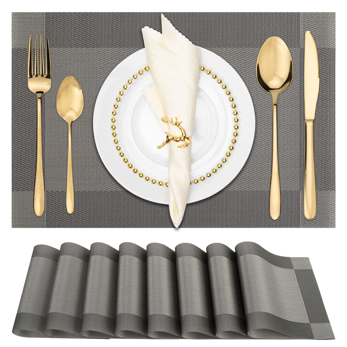 Winknowl Placemats Set of 8, Heat Resistant Non-Slip Vinyl Woven Table Mats for Dining Table, Washable Durable Elegant Place Mats for Kitchen Indoor/Outdoor Use (Beige Blue)