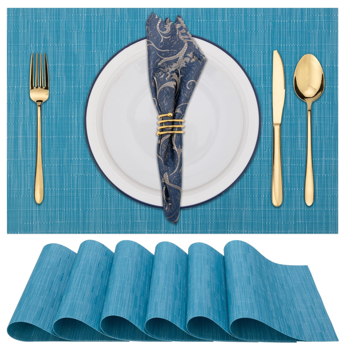 Winknowl Placemats Set of 8, Heat Resistant Non-Slip Vinyl Woven Table Mats for Dining Table, Washable Durable Elegant Place Mats for Kitchen Indoor/Outdoor Use (Beige Blue)