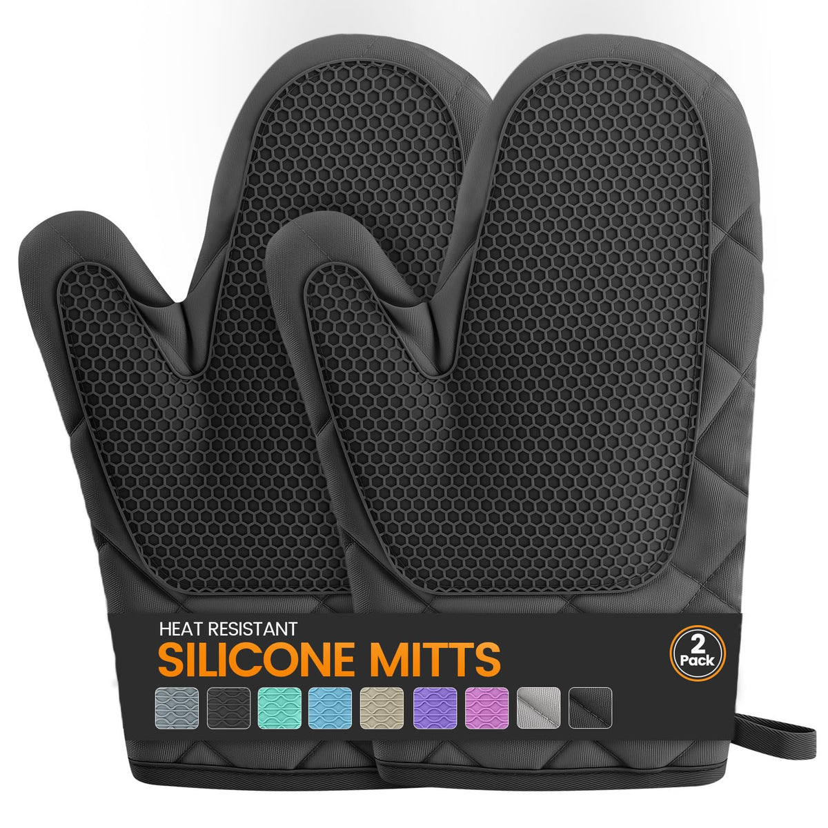 Silicone Oven Mitts, Heat Resistant 2PCS Oven Mitts with Soft Cotton Lining, Waterproof Non-Slip Grip Oven Glove, Kitchen Potholder Mits for BBQ, Baking, Cooking, 12.5 Inch - Grey