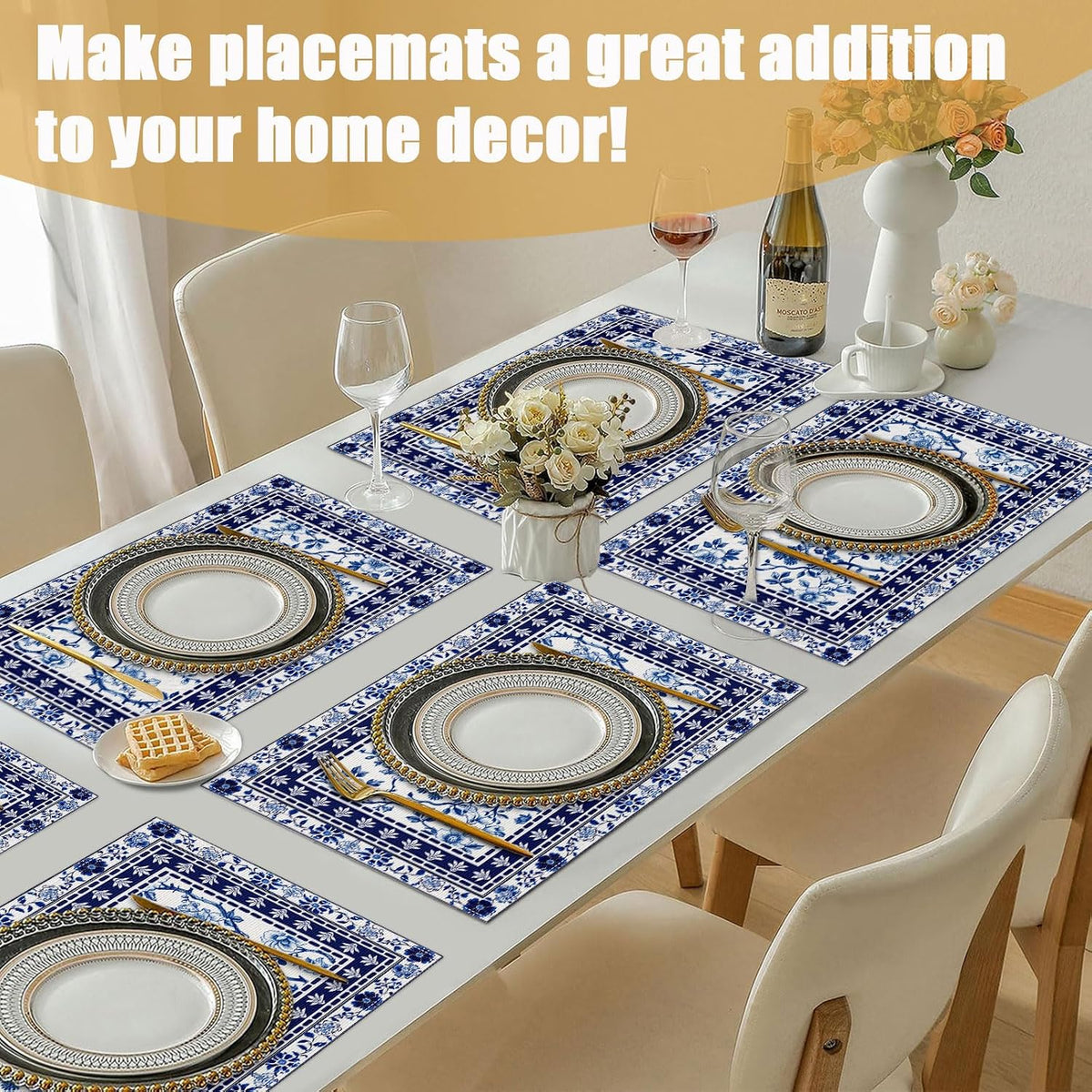 Blue White Floral Placemats Set of 6, Chinoiserie Flower Linen Place Mat Washable Stain Resistant Table Mats for Farmhouse Kitchen Dining 12x18 Inch