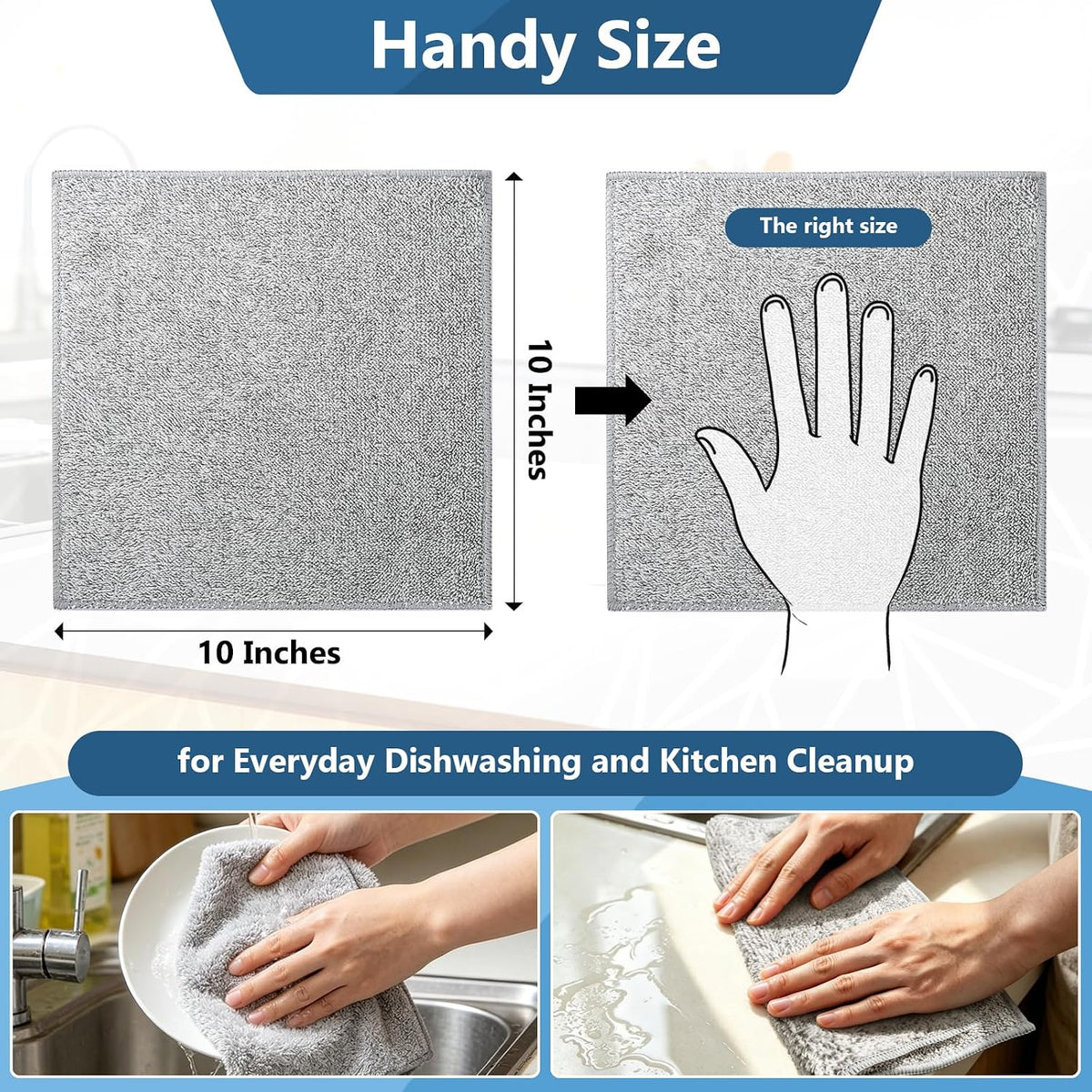 Kitchen Dish Cloths, 12 Pack, 10 x 10 Inches, Super Absorbent Microfiber Dish Towels, Soft Lint Free Reusable Dish Rags for Washing Dishes, Drying, Counters and Sink, Grey