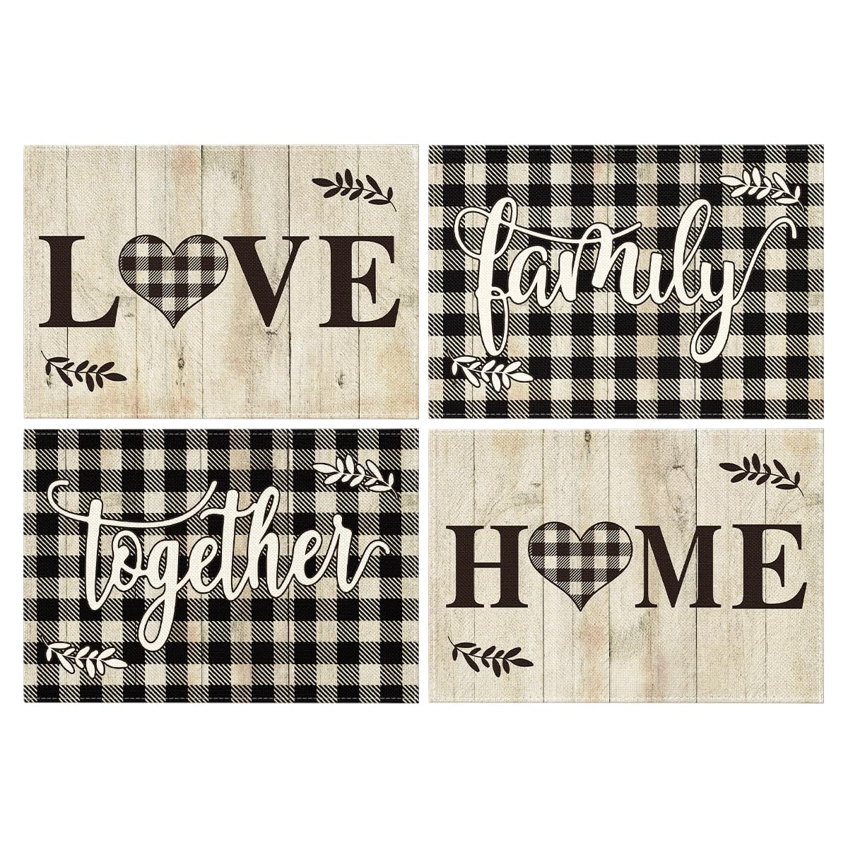 Artoid Mode Wood Love Family Home Together Buffalo Plaid Placemats Set of 4, 12x18 Inch Farmhouse Table Mats Party Kitchen Dining Decoration