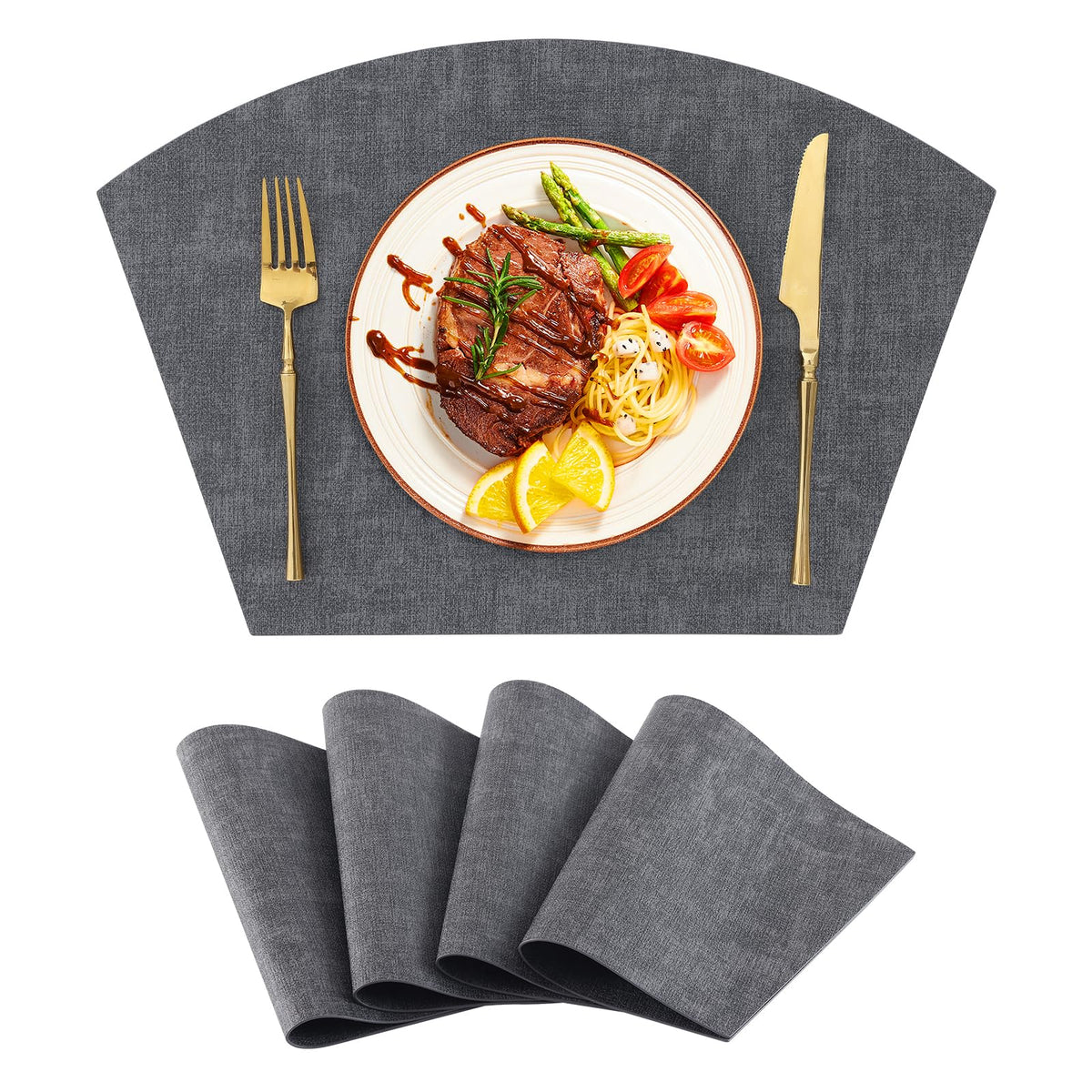 Homaxy Wedge Faux Leather Placemats for Round Table, Set of 6, Light Grey