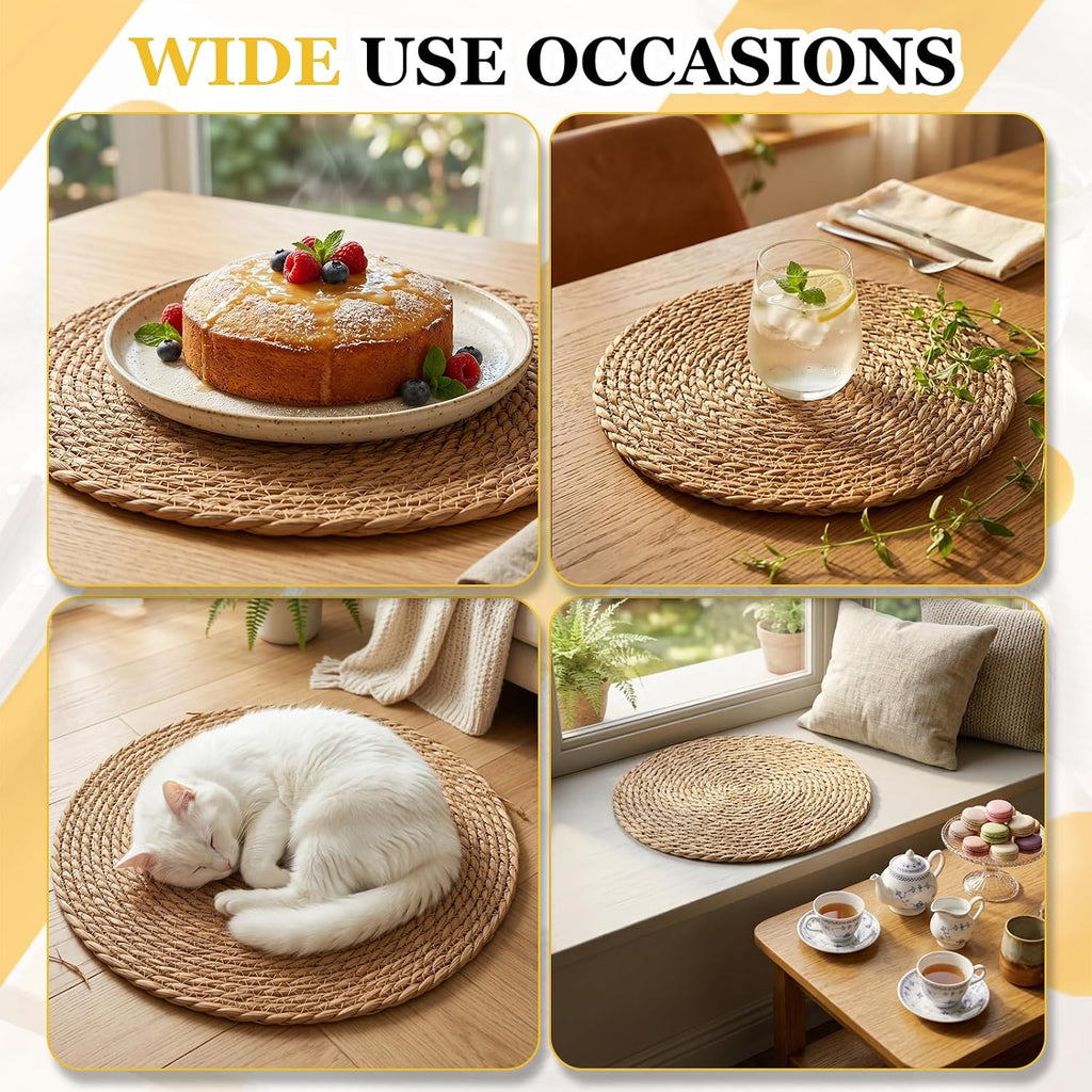 12 Pcs Round Woven Placemats - Yedoler 13 in Farmhouse Boho Straw Heat Resistant Outdoor Patio Rattan Wicker Table Mats, Natural Water Hyacinth Place Mats Coasters for Dining Table,Home,Wedding