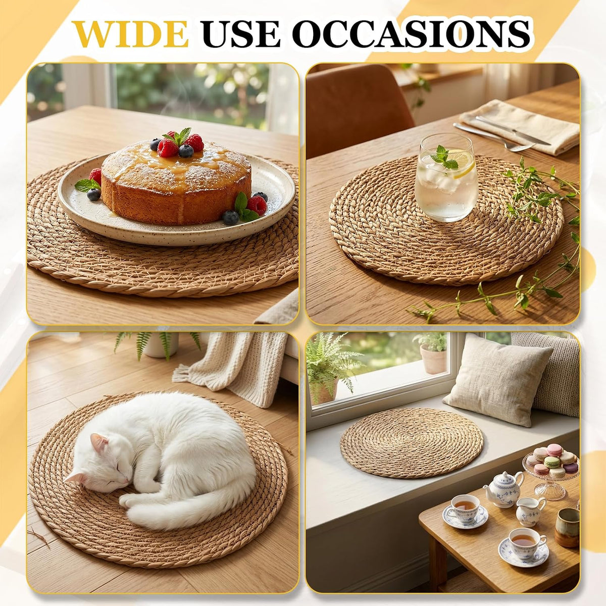 12 Pcs Round Woven Placemats - Yedoler 13 in Farmhouse Boho Straw Heat Resistant Outdoor Patio Rattan Wicker Table Mats, Natural Water Hyacinth Place Mats Coasters for Dining Table,Home,Wedding