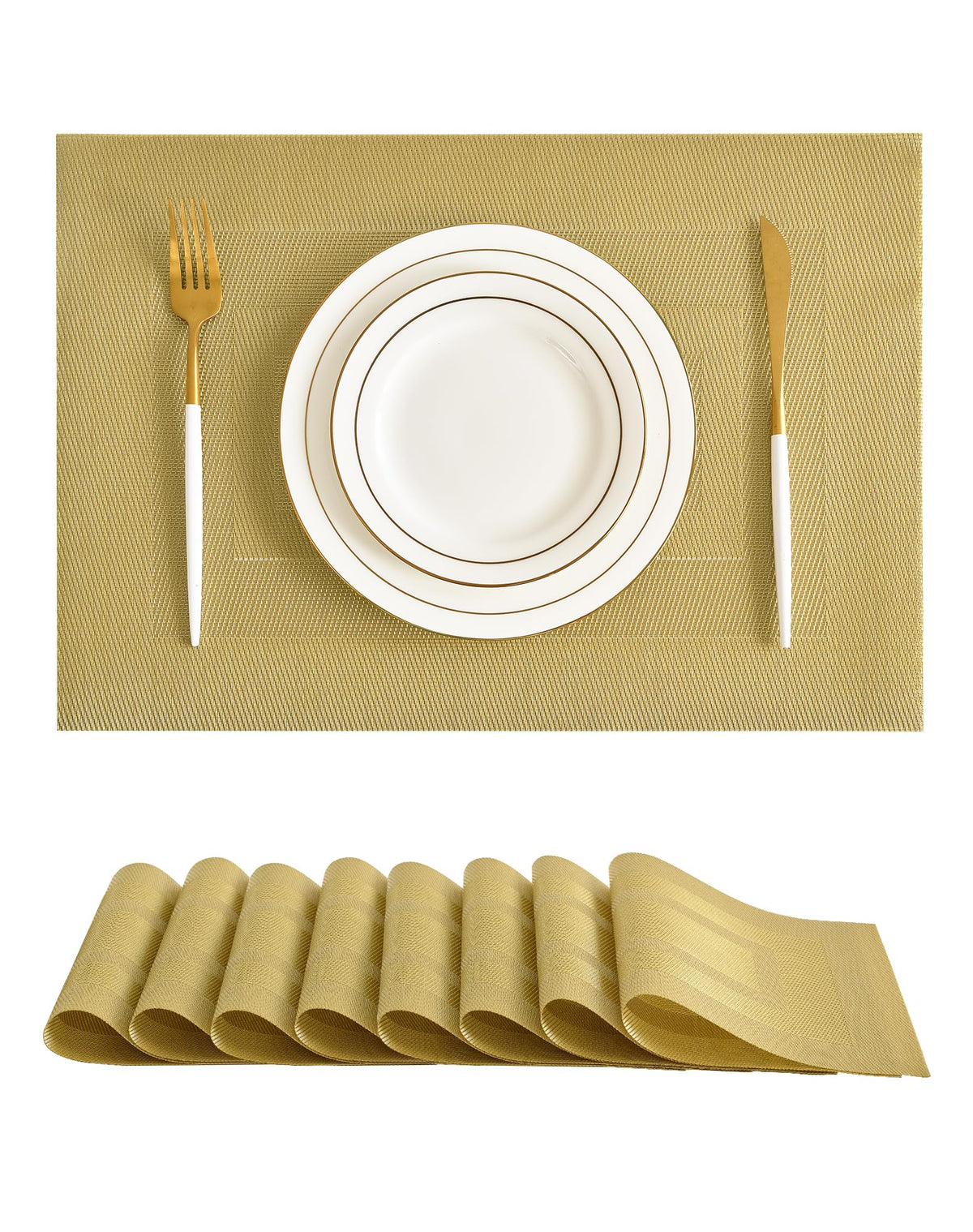 Beige Placemats Set of 6 - Heat-Resistant, Non-Slip Table Mats, Washable Woven Vinyl for Indoor & Outdoor Dining