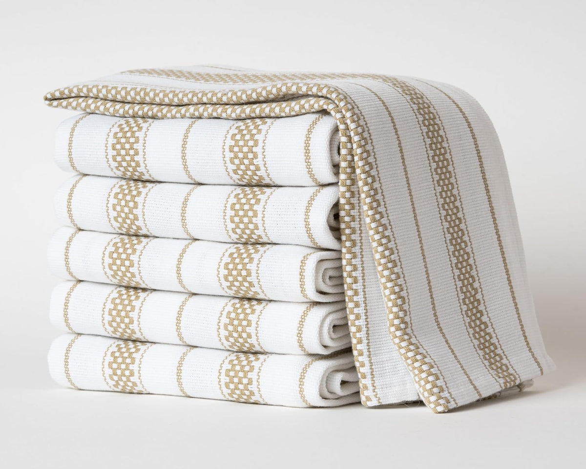 Kitchen Towels Set – Pack of 6 (20’’ x 30’’) Extra Large Premium Cotton Dish Towels for Kitchen – Chain Stripe Towels – Absorbent – 100% Cotton – with Hanging Loop – Beige