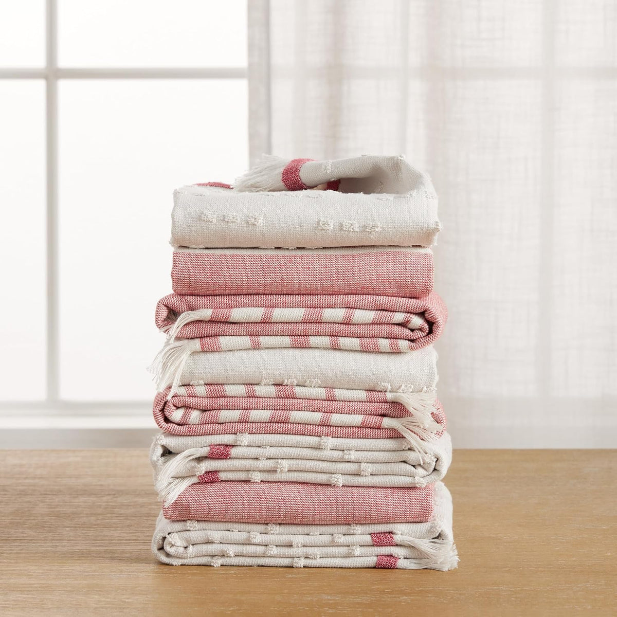 KitchenAid Vintage Stripe Kitchen Towels 8-Pack, Absorbent 100% Woven Cotton, Passion Red/Ivory, 17”x28”