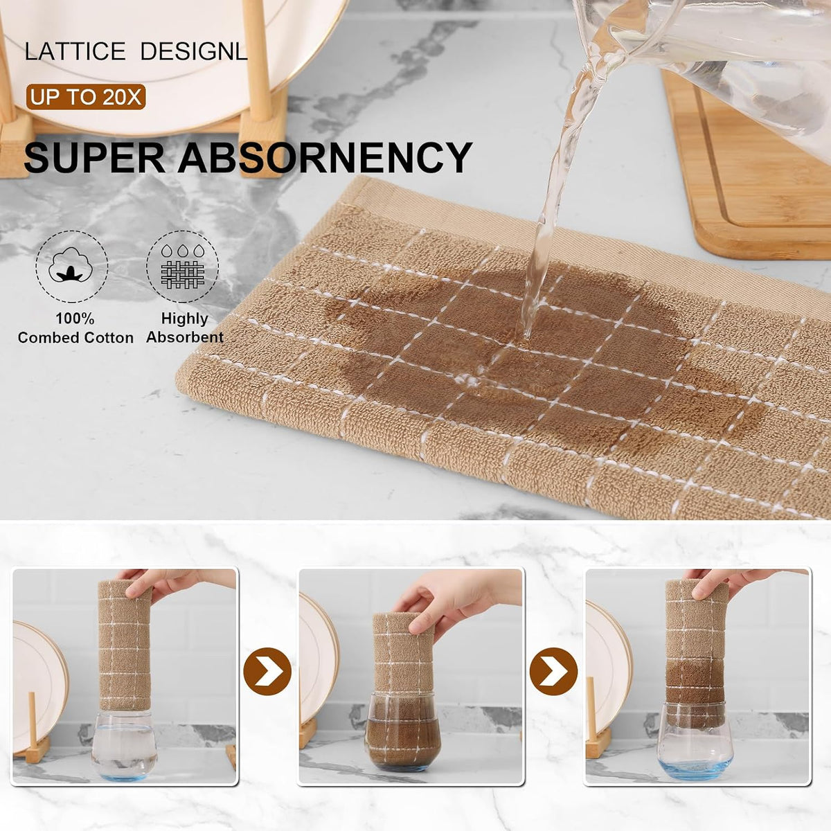 Mordimy Cotton Terry Checkered Kitchen Towels, 16"x 26", 4 Pack, Tan