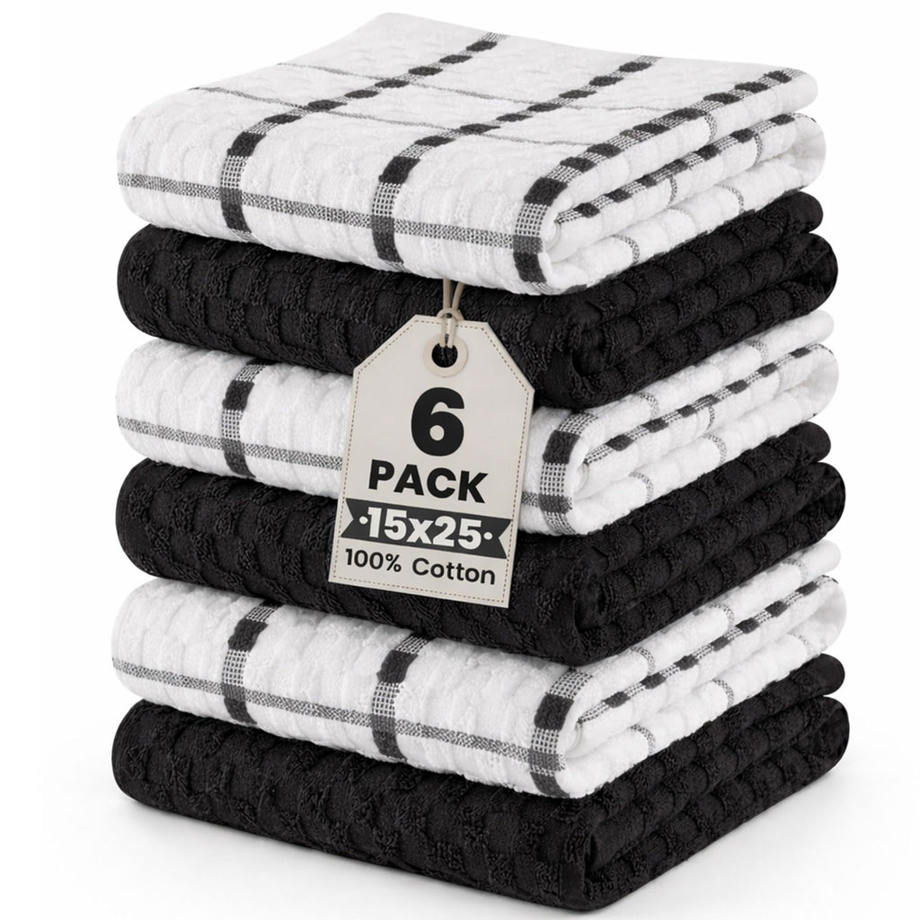 GOLD TEXTILES Kitchen Towels 12 Pack, Waffle Weave Cotton, 15x25in (Brown)