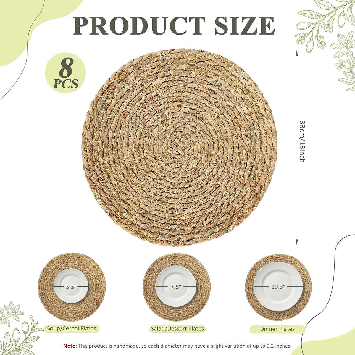 Round Woven Placemats 8PCS 13in Rattan Charger Wicker Boho Place mat